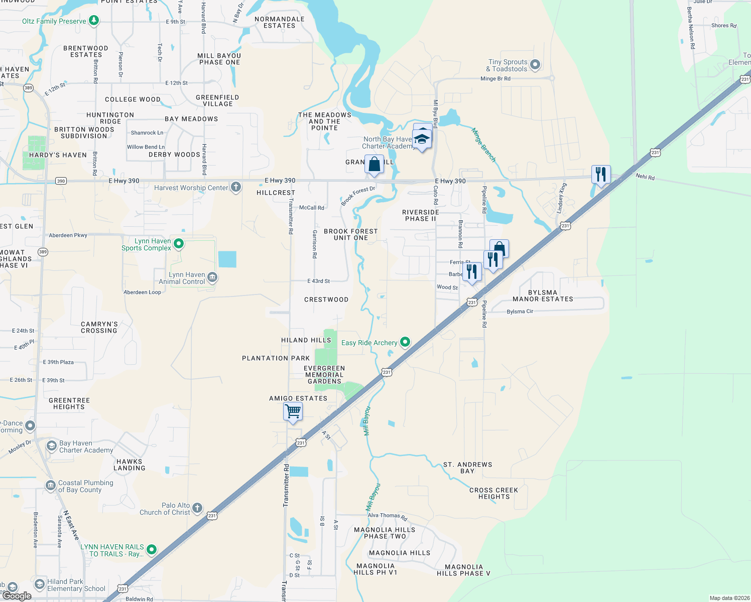 map of restaurants, bars, coffee shops, grocery stores, and more near 4205 Mill Bayou Road in Panama City