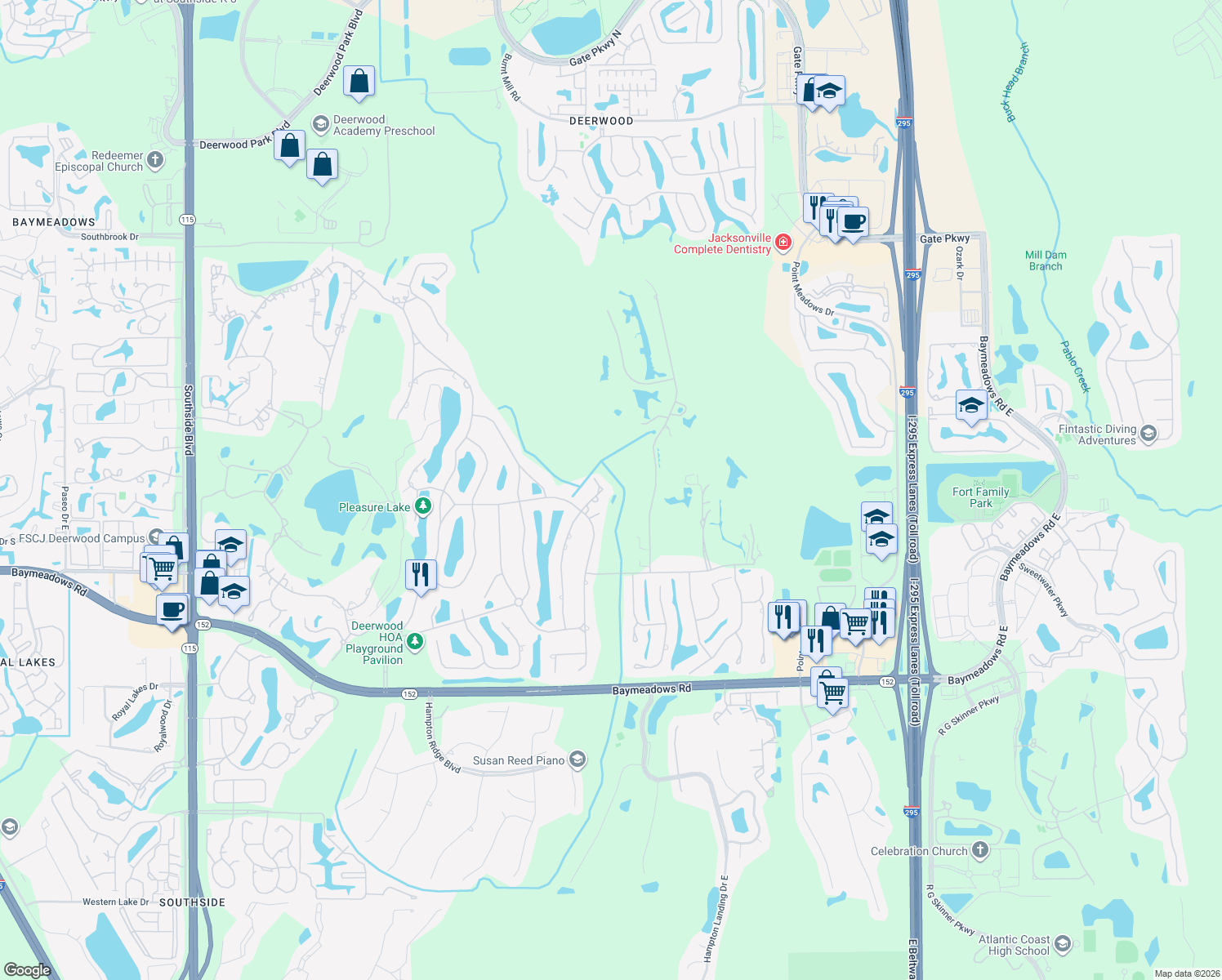 map of restaurants, bars, coffee shops, grocery stores, and more near 7953 Green Glade Road in Jacksonville