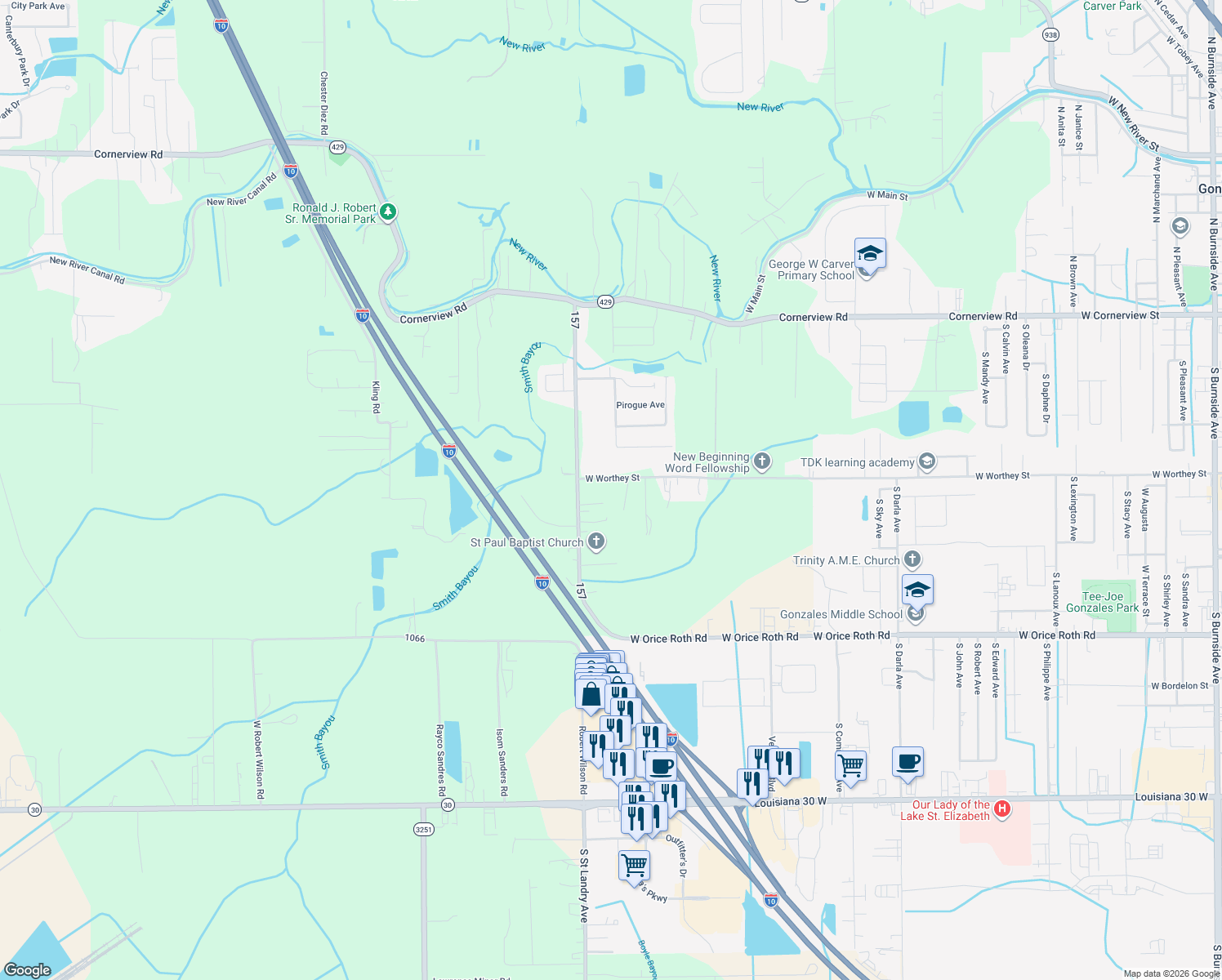 map of restaurants, bars, coffee shops, grocery stores, and more near 39053 W Worthy Rd in Gonzales