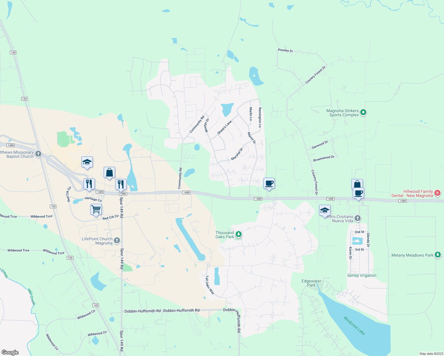 map of restaurants, bars, coffee shops, grocery stores, and more near 12707 Winchester Court in Magnolia