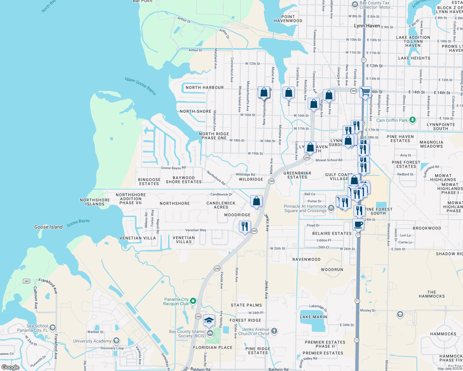 map of restaurants, bars, coffee shops, grocery stores, and more near 4316 Northshore Road in Lynn Haven