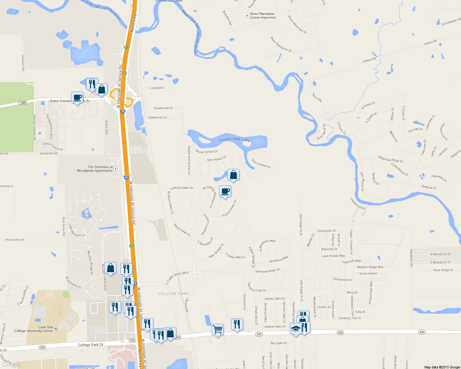 map of restaurants, bars, coffee shops, grocery stores, and more near 30 Hollow Glen Place in Conroe