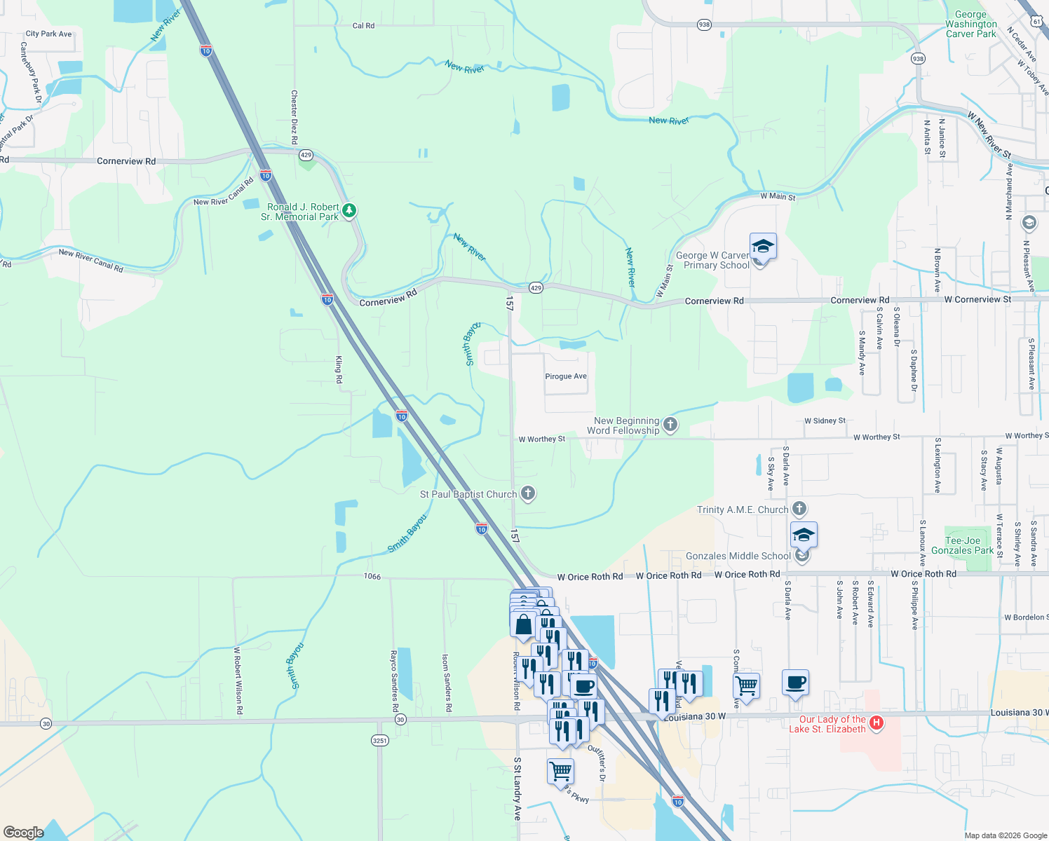 map of restaurants, bars, coffee shops, grocery stores, and more near 11038 Boudreaux Road in Gonzales
