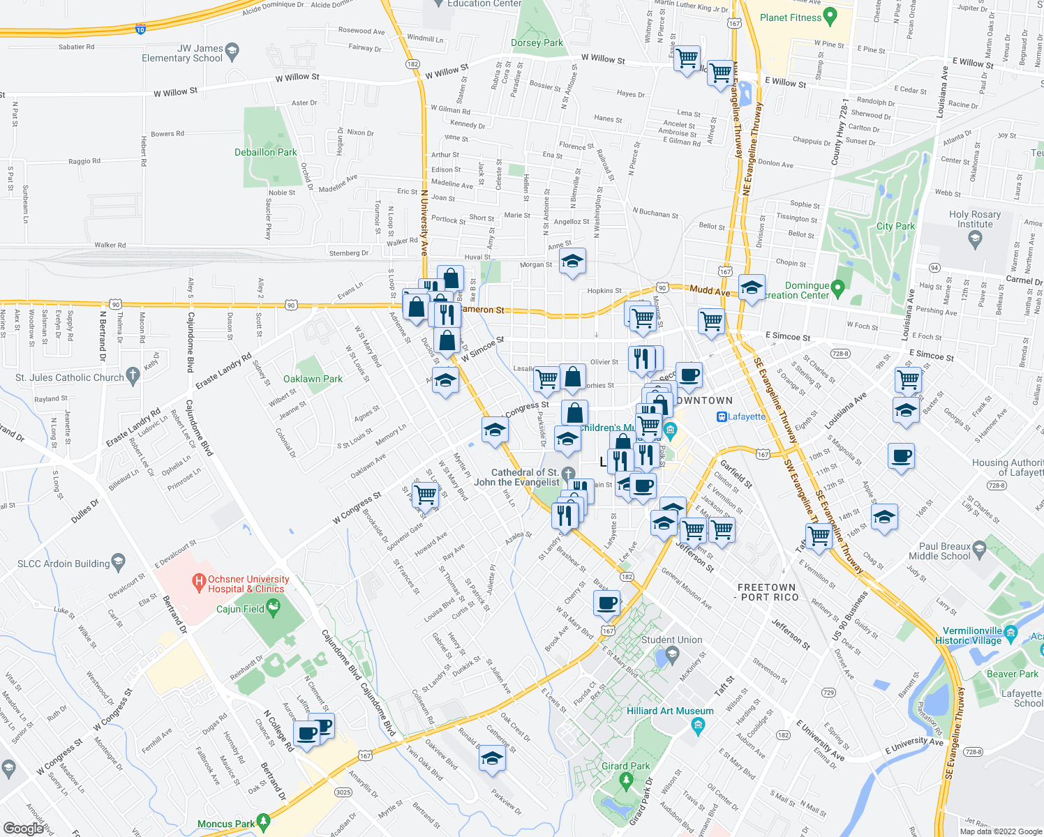 map of restaurants, bars, coffee shops, grocery stores, and more near 137 Cedar Crest Court in Lafayette