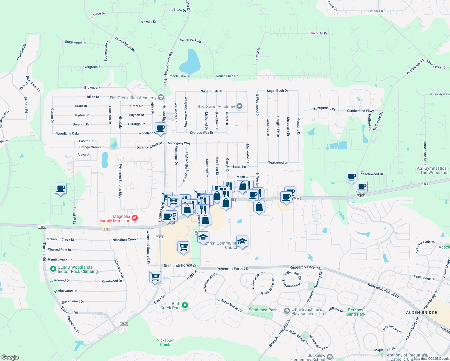 map of restaurants, bars, coffee shops, grocery stores, and more near 211 Garrett Drive in Magnolia