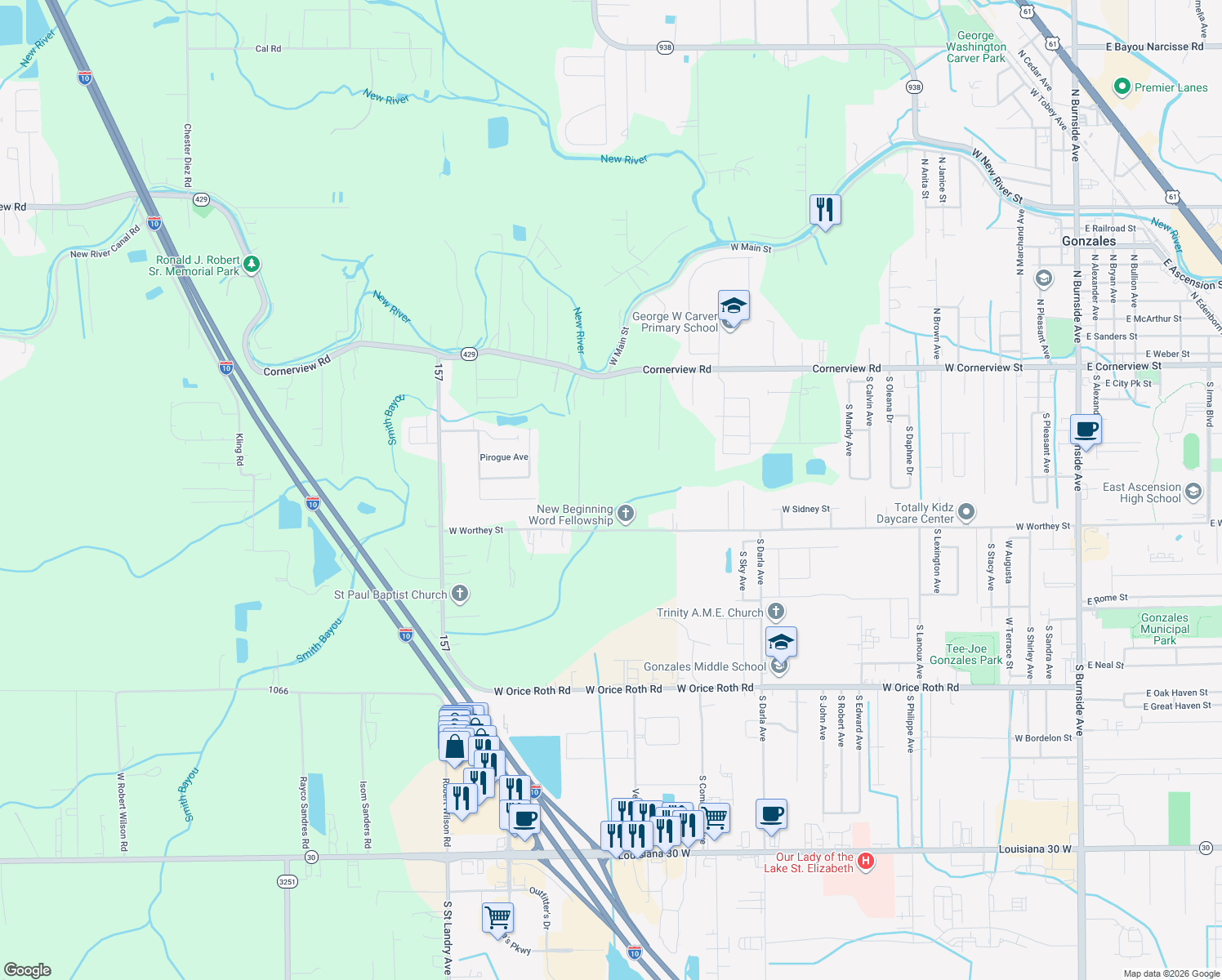map of restaurants, bars, coffee shops, grocery stores, and more near 39296 W Worthy Rd in Gonzales