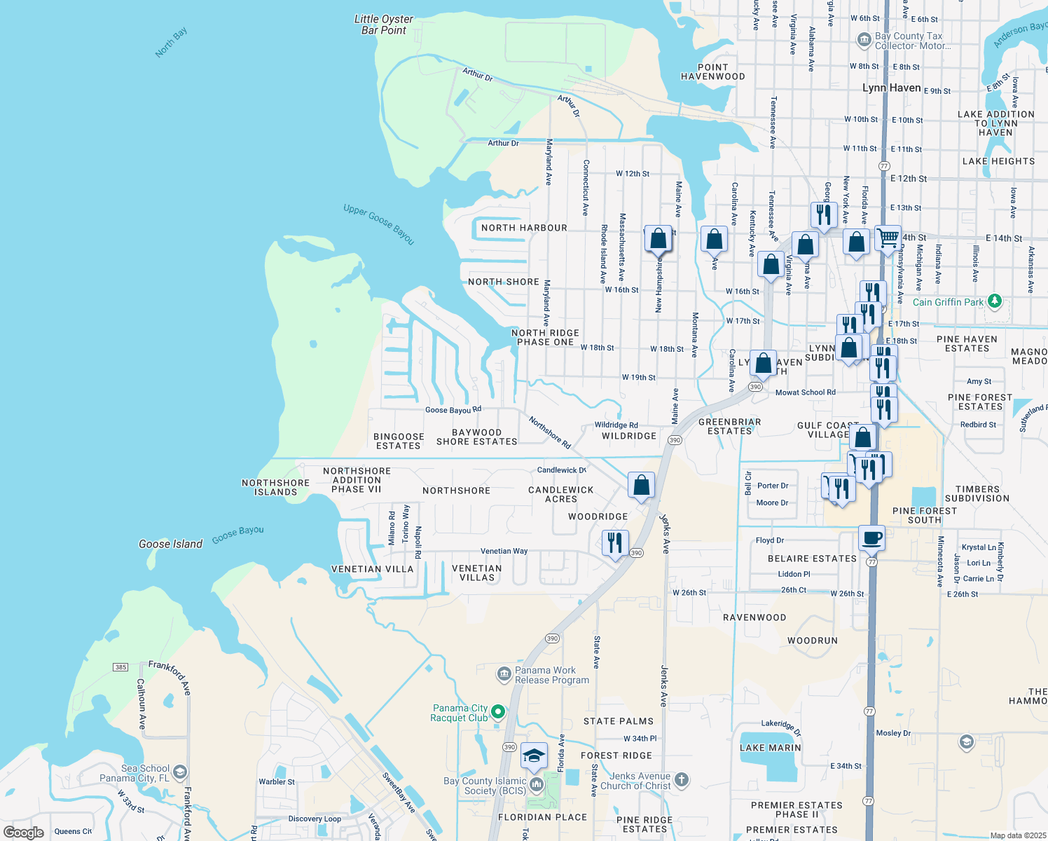 map of restaurants, bars, coffee shops, grocery stores, and more near 4405 Northshore Road in Lynn Haven