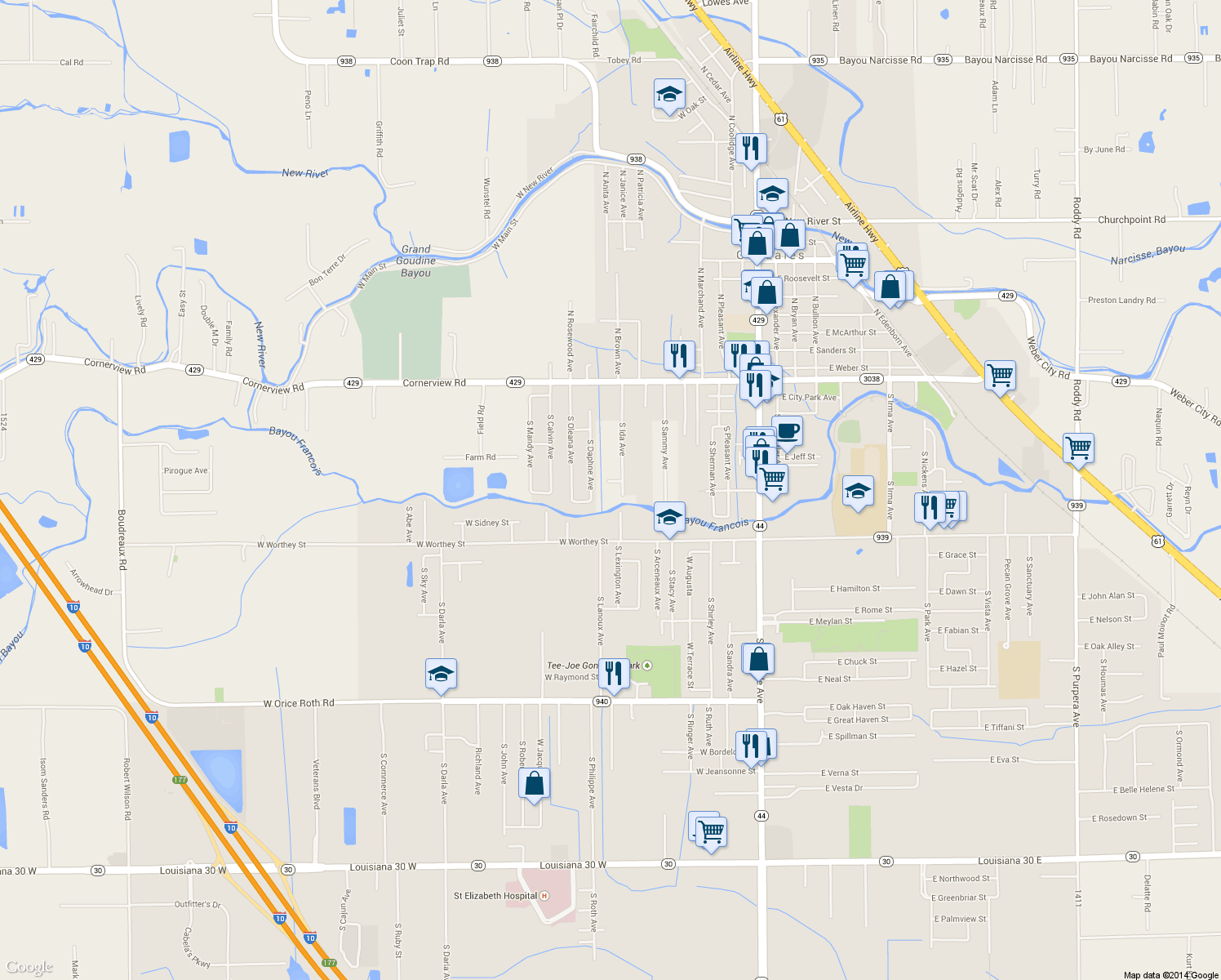 map of restaurants, bars, coffee shops, grocery stores, and more near 761 S Ida Ave in Gonzales
