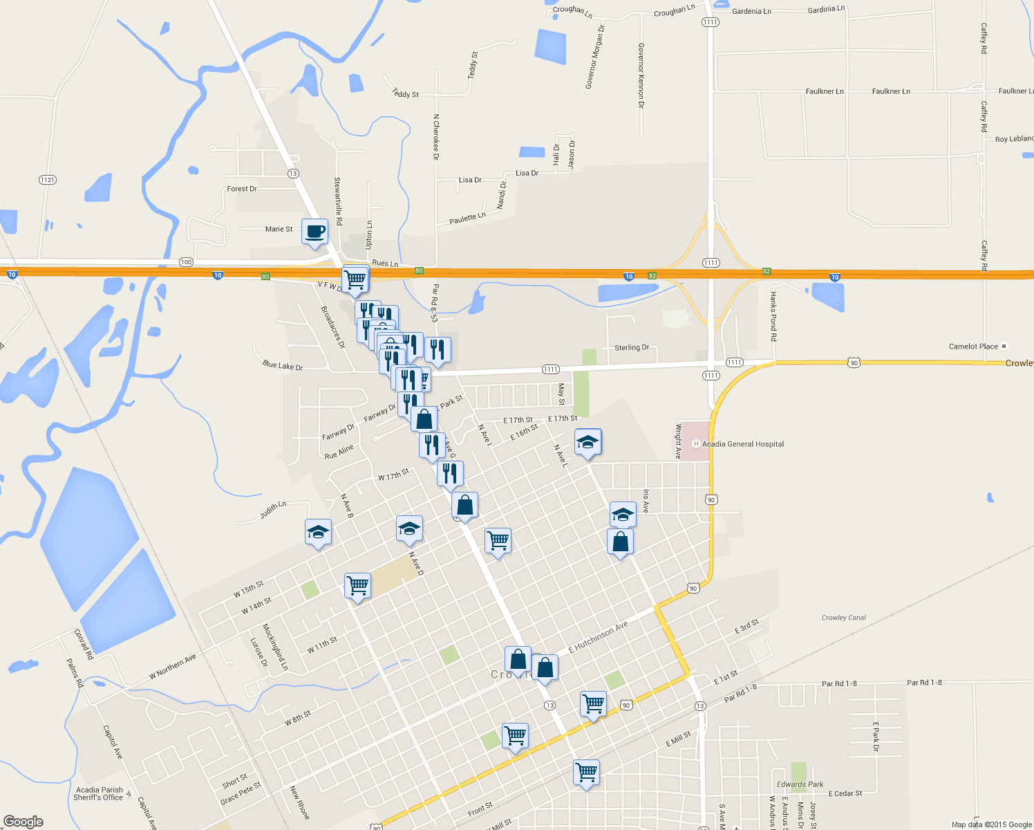 map of restaurants, bars, coffee shops, grocery stores, and more near 541 East 17th Street in Crowley