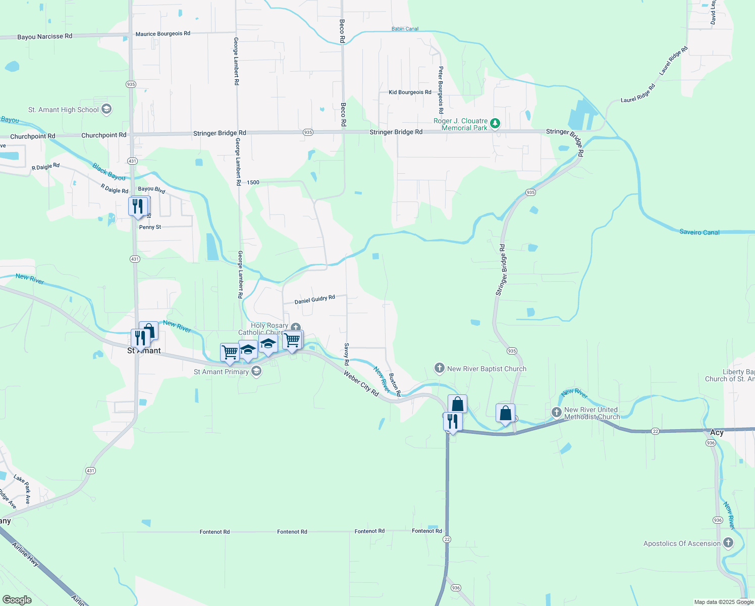 map of restaurants, bars, coffee shops, grocery stores, and more near 11081 Buxton Road in Saint Amant