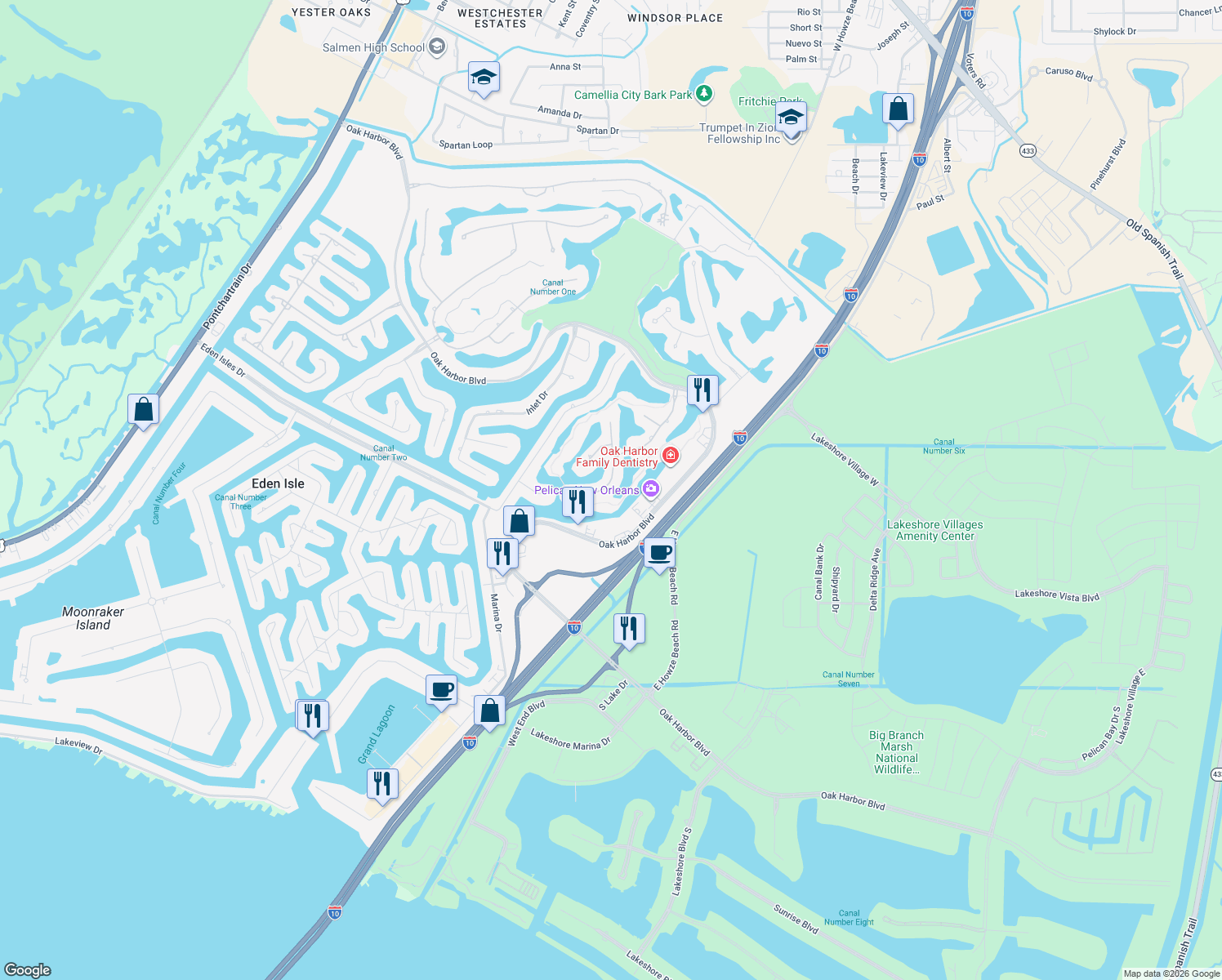 map of restaurants, bars, coffee shops, grocery stores, and more near 45 Oak Tree Drive in Slidell