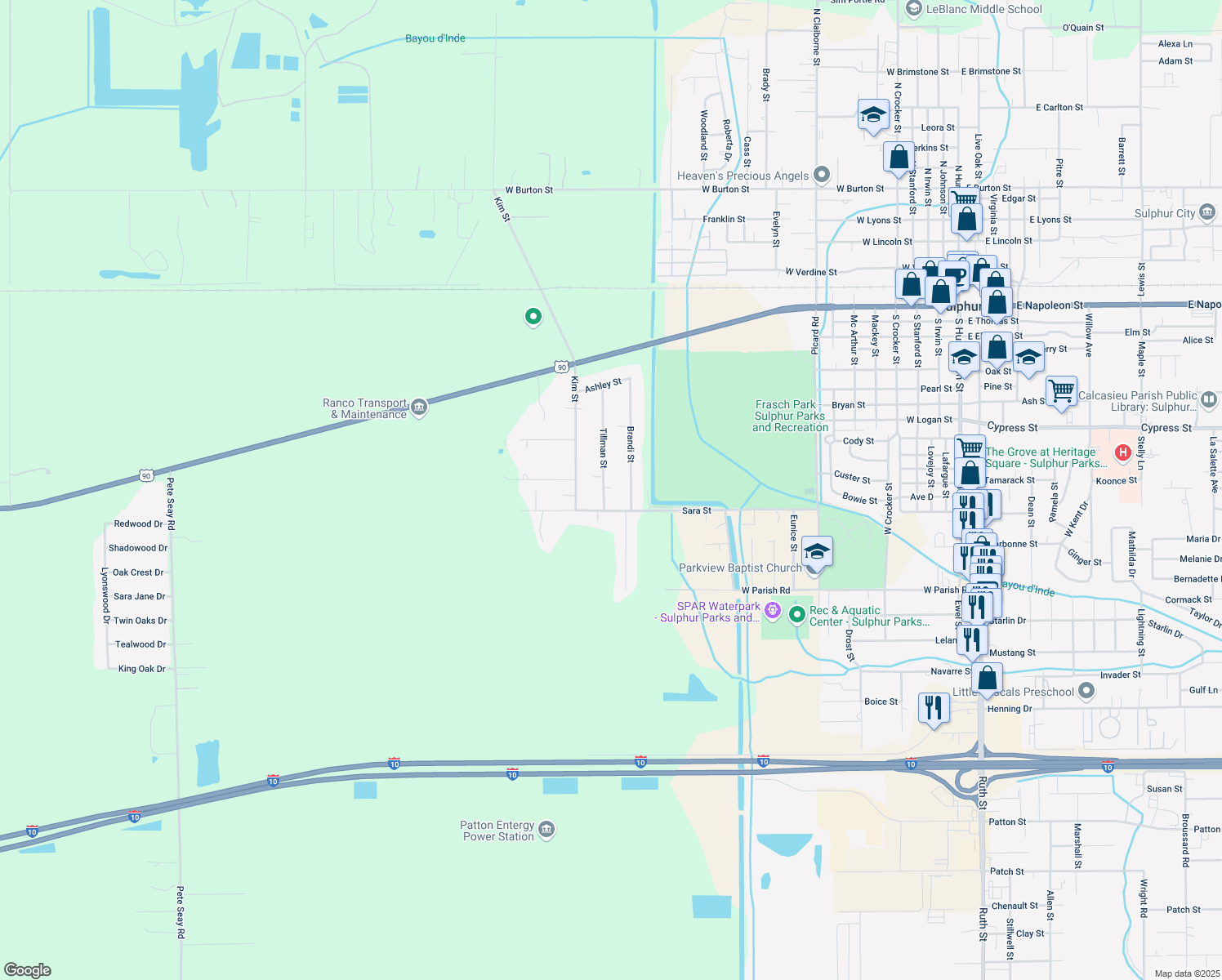 map of restaurants, bars, coffee shops, grocery stores, and more near 1213 Tillman Street in Sulphur