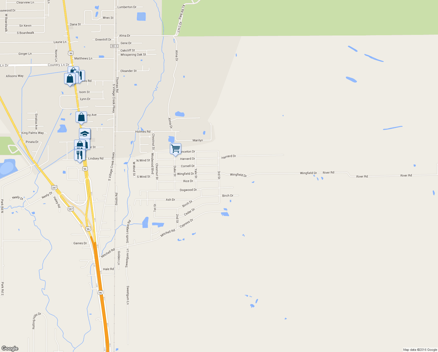 map of restaurants, bars, coffee shops, grocery stores, and more near 9115 3rd Street in Lumberton