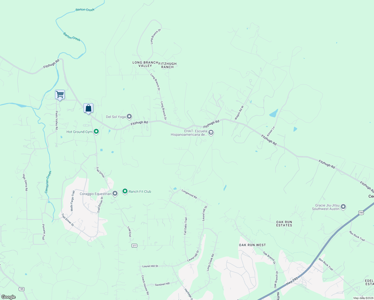 map of restaurants, bars, coffee shops, grocery stores, and more near 12605 Fitzhugh Road in Austin