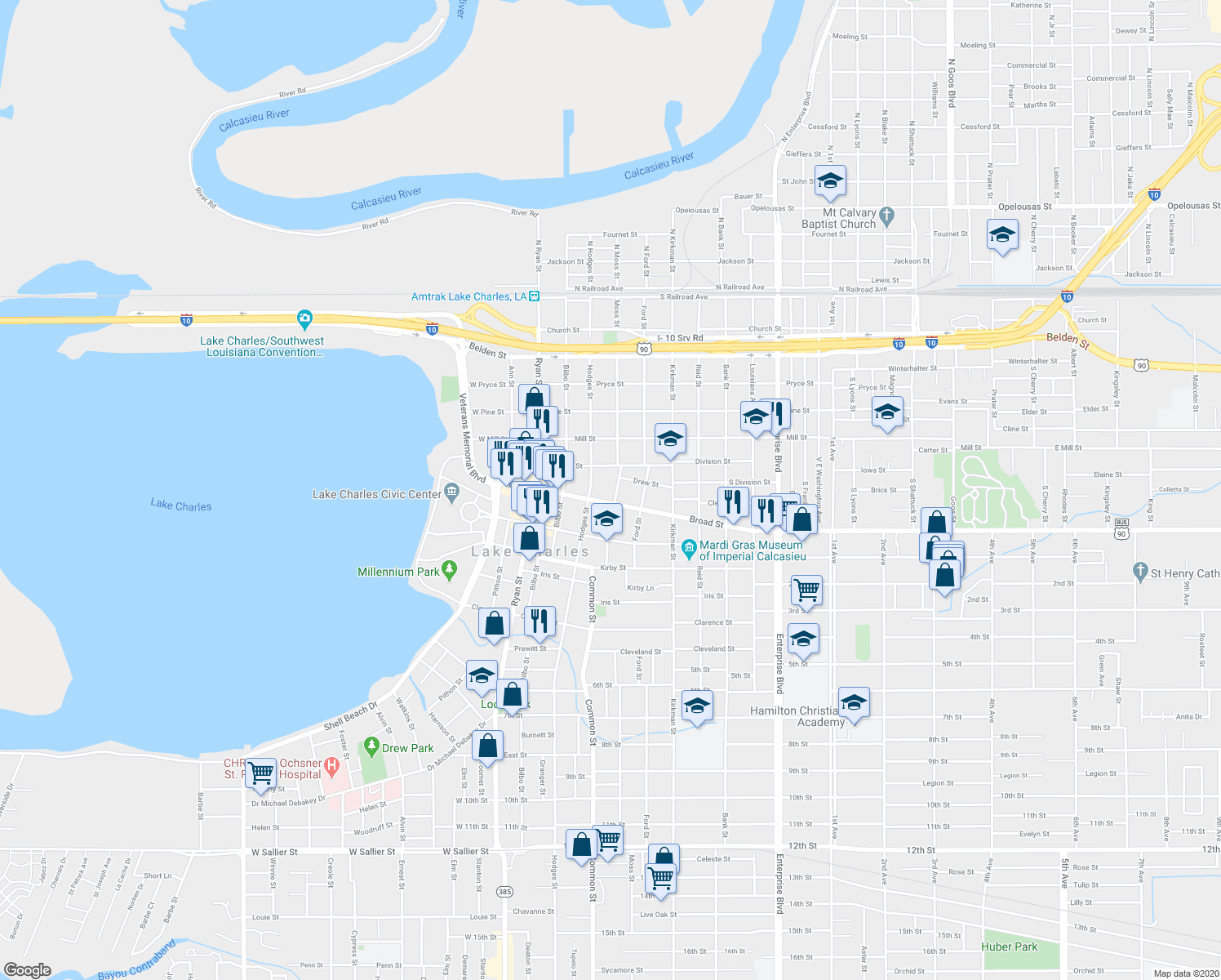 map of restaurants, bars, coffee shops, grocery stores, and more near in Lake Charles
