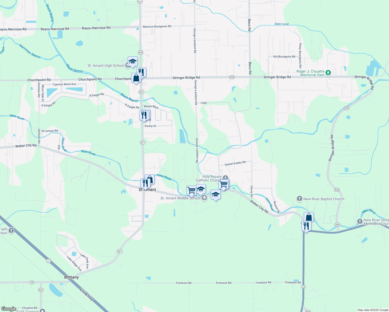 map of restaurants, bars, coffee shops, grocery stores, and more near 11111 George Lambert Road in Saint Amant
