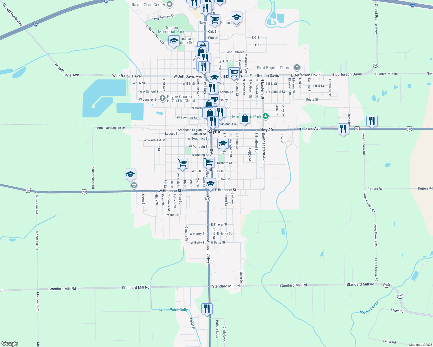 map of restaurants, bars, coffee shops, grocery stores, and more near 706 S Polk St in Rayne