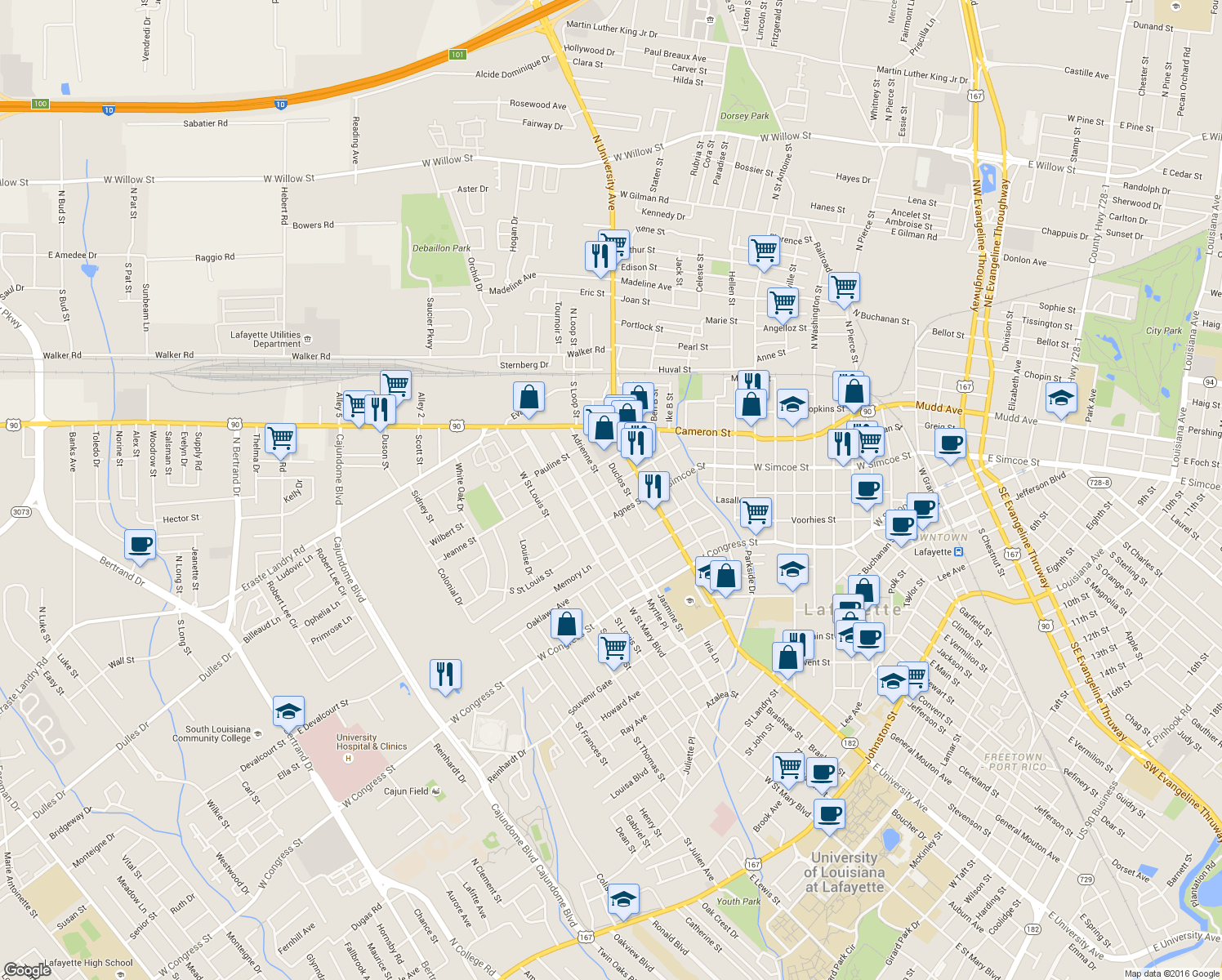 map of restaurants, bars, coffee shops, grocery stores, and more near 230 Adrienne St in Lafayette
