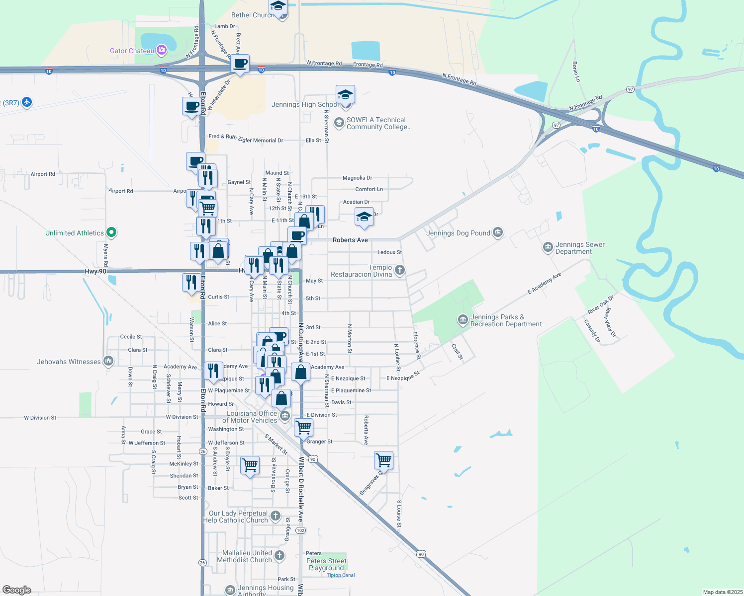 map of restaurants, bars, coffee shops, grocery stores, and more near 699 5th St in Jennings
