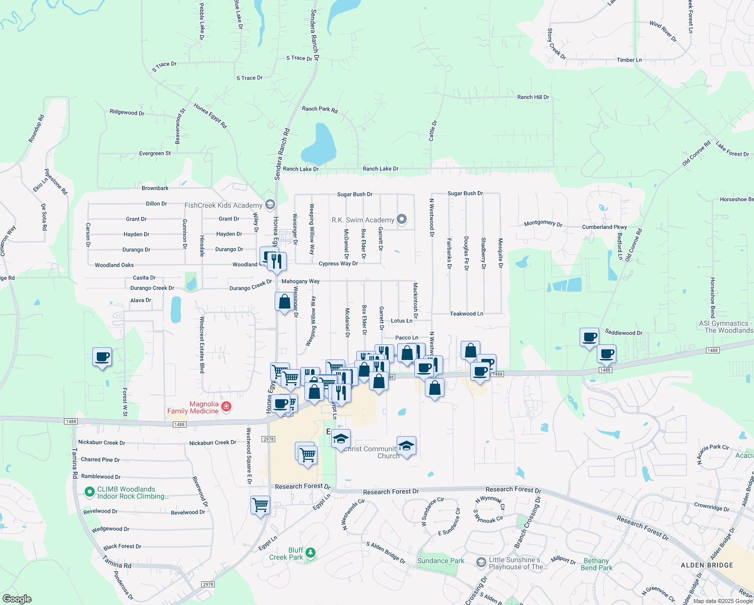 map of restaurants, bars, coffee shops, grocery stores, and more near 419 Garrett Drive in Magnolia