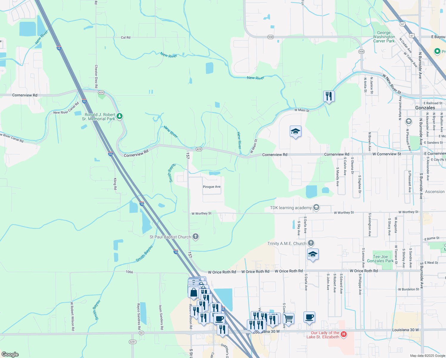 map of restaurants, bars, coffee shops, grocery stores, and more near 11156 N Bayou View Dr in Gonzales
