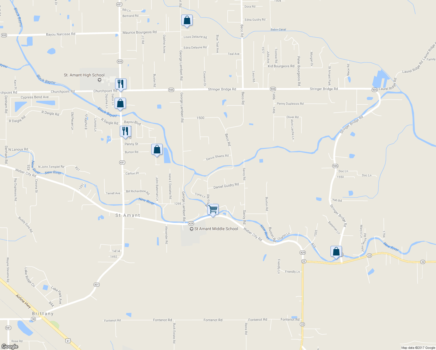 map of restaurants, bars, coffee shops, grocery stores, and more near 11170 Beco Road in Saint Amant
