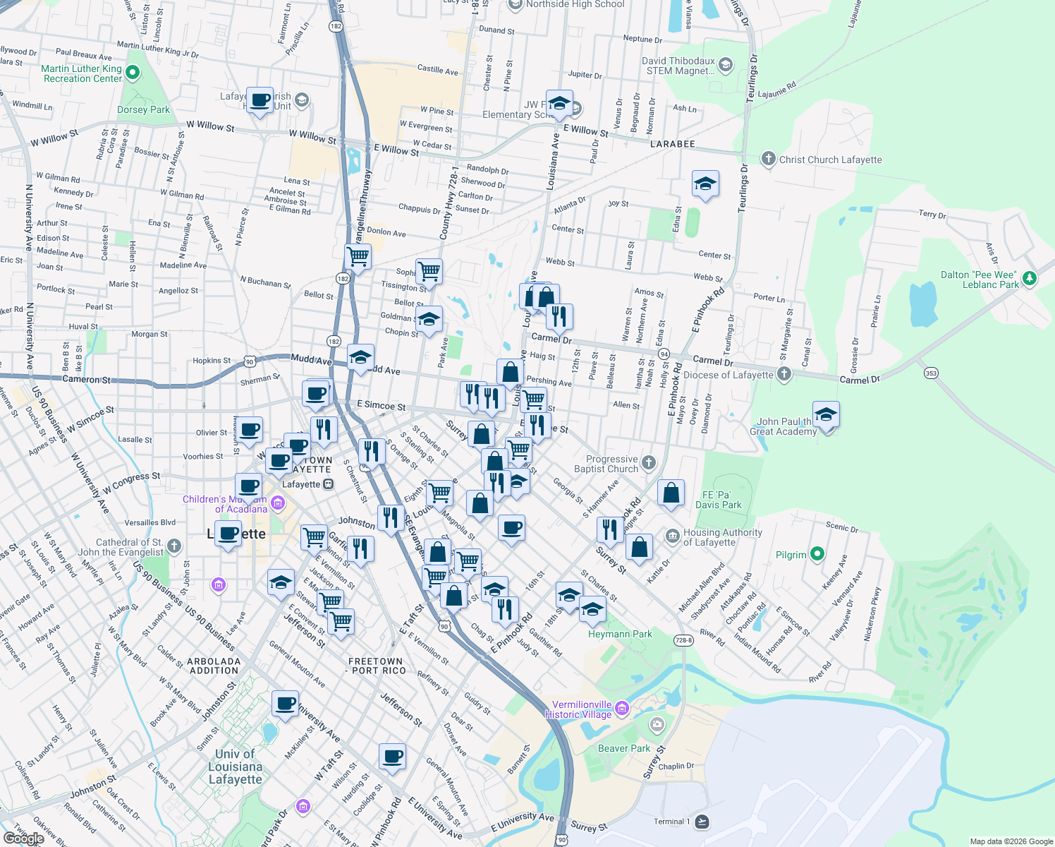 map of restaurants, bars, coffee shops, grocery stores, and more near 1299 10th St in Lafayette