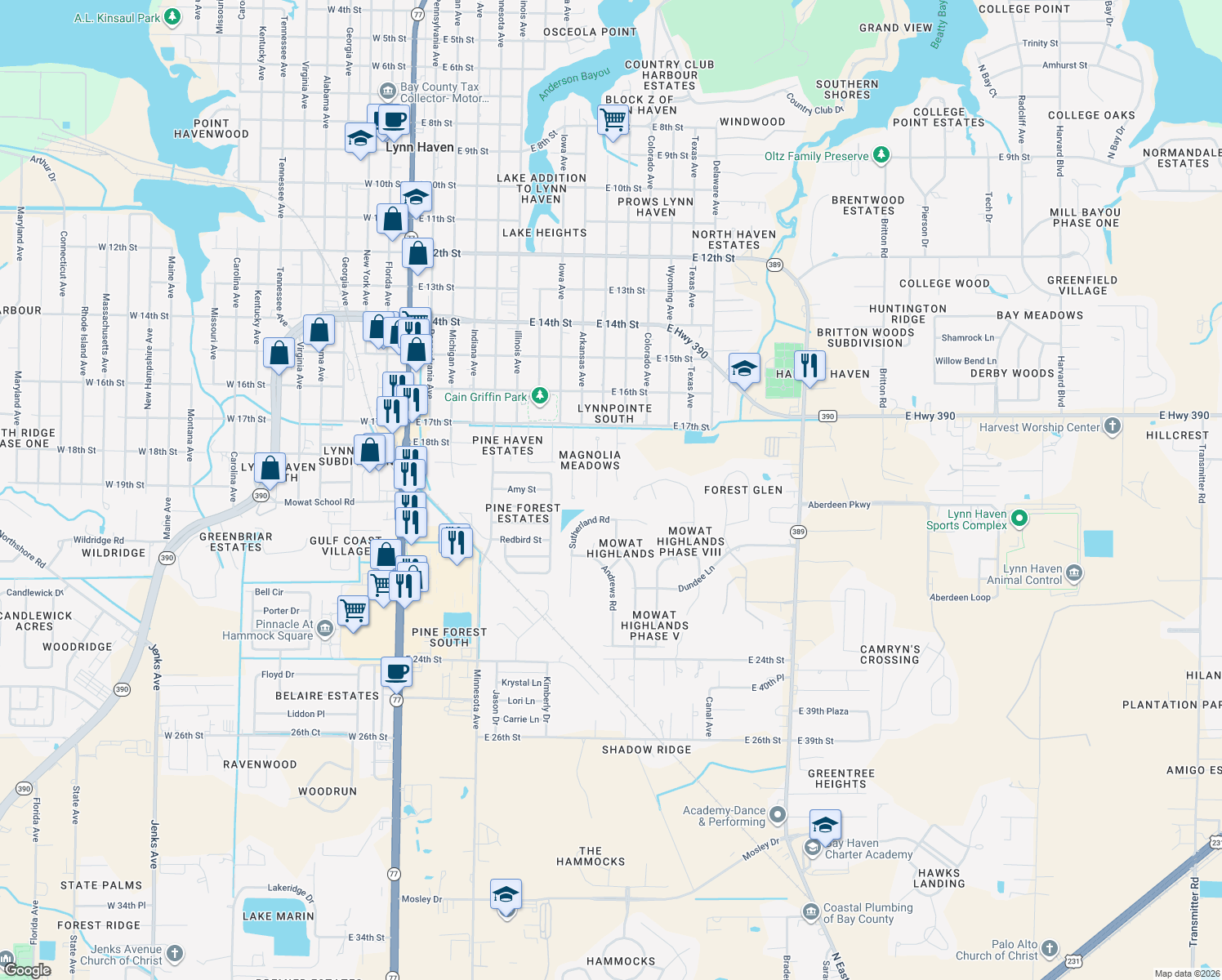 map of restaurants, bars, coffee shops, grocery stores, and more near 1812 Glencoe Drive in Lynn Haven