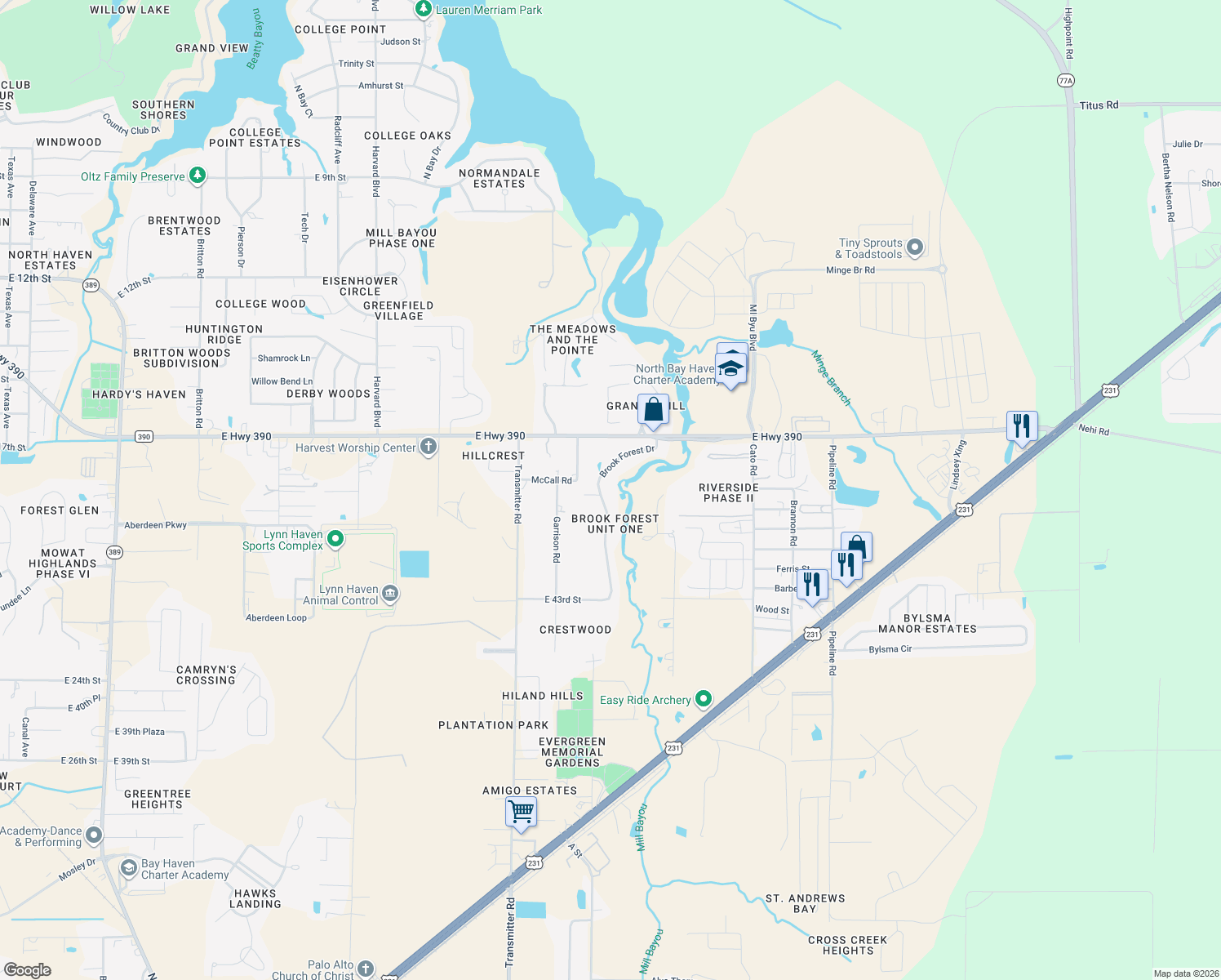 map of restaurants, bars, coffee shops, grocery stores, and more near 4526 Brook Forest Dr in Panama City