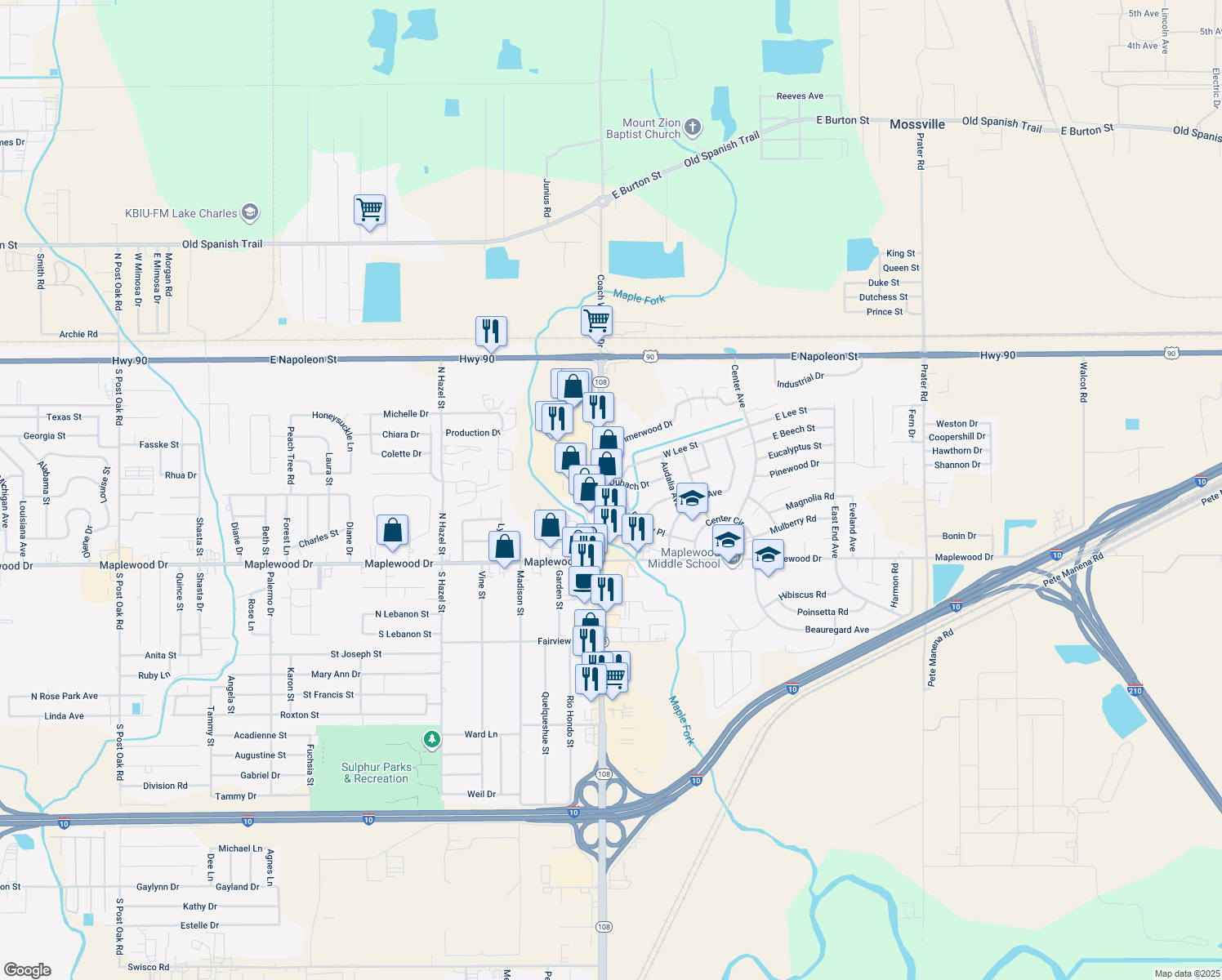 map of restaurants, bars, coffee shops, grocery stores, and more near 250 N Cities Service Hwy in Sulphur
