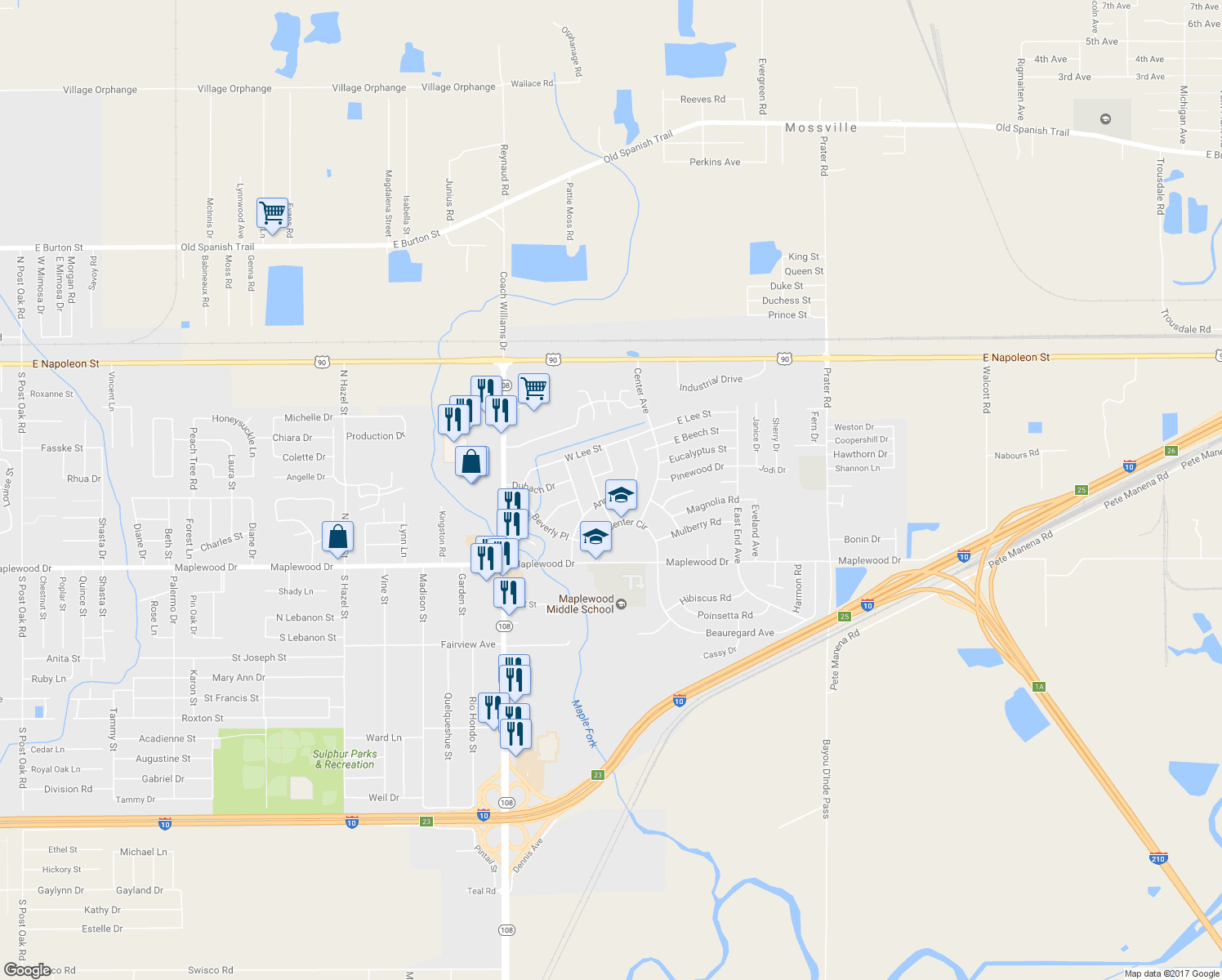map of restaurants, bars, coffee shops, grocery stores, and more near 305 Ann Avenue in Sulphur