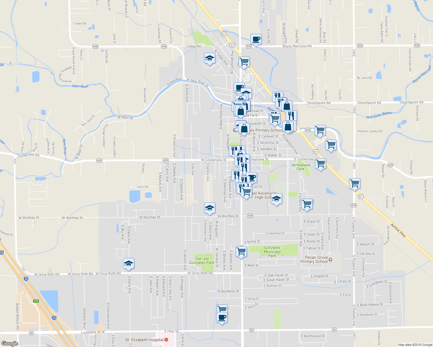 map of restaurants, bars, coffee shops, grocery stores, and more near 304 South Roscoe Avenue in Gonzales