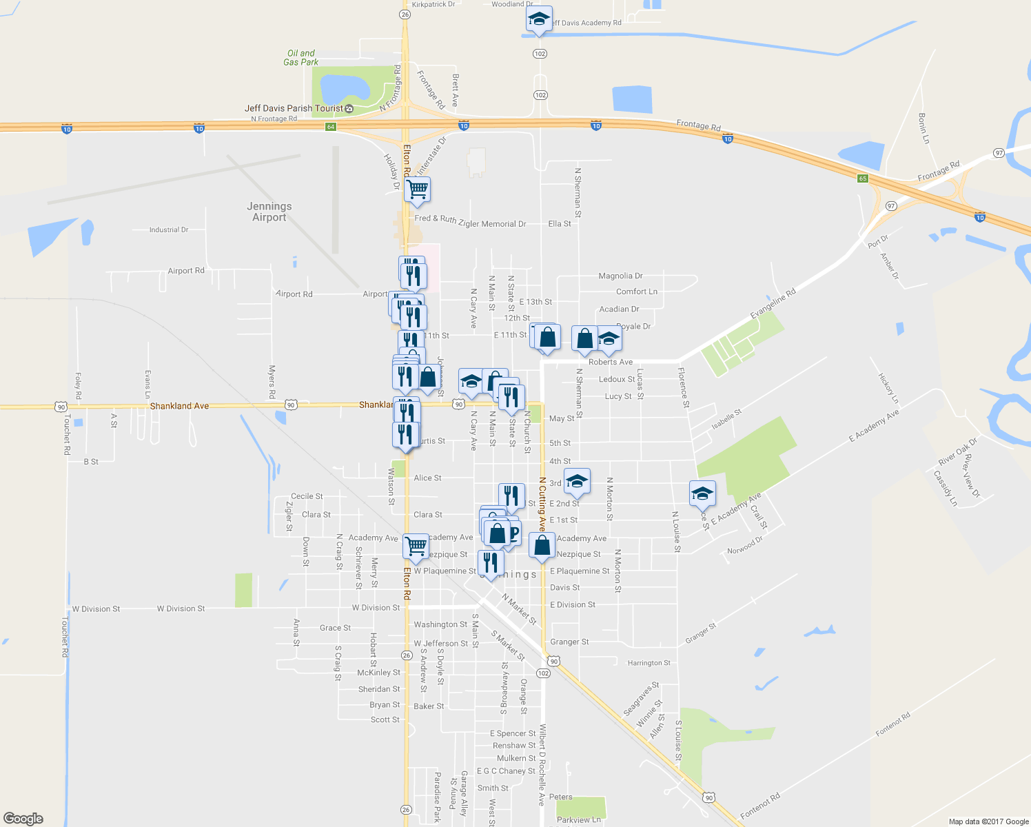 map of restaurants, bars, coffee shops, grocery stores, and more near 1110 North State Street in Jennings