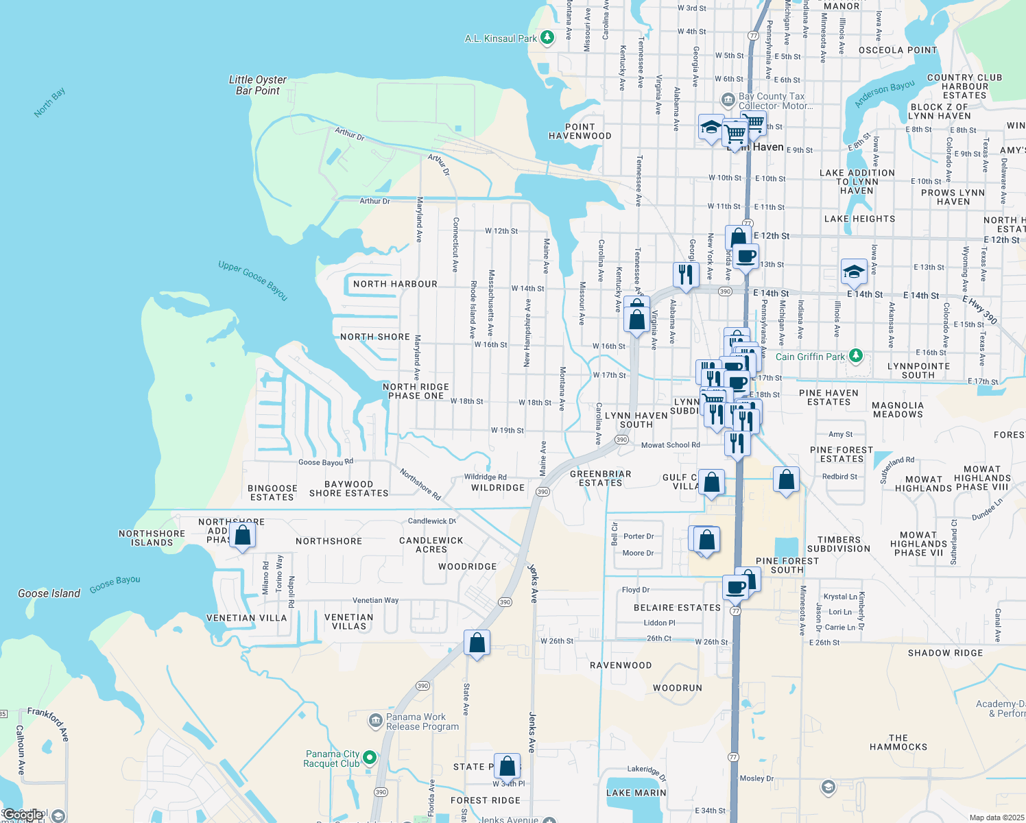 map of restaurants, bars, coffee shops, grocery stores, and more near 1803 Vermont Avenue in Lynn Haven