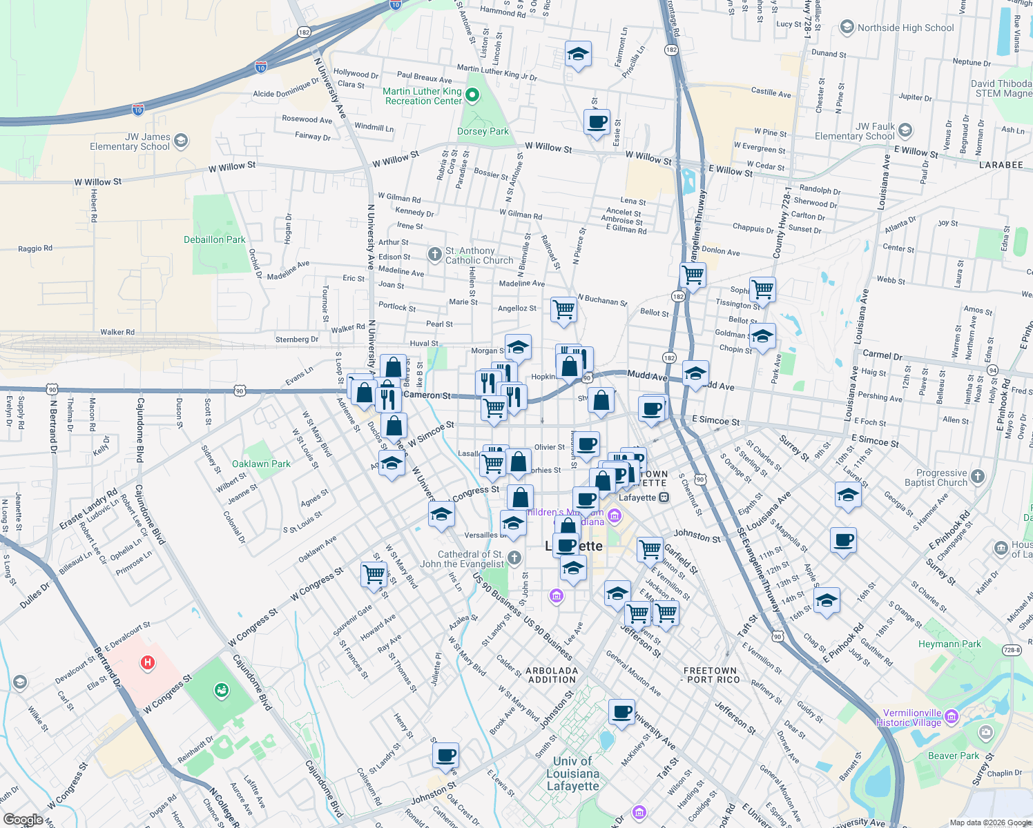 map of restaurants, bars, coffee shops, grocery stores, and more near 720 West Simcoe Street in Lafayette