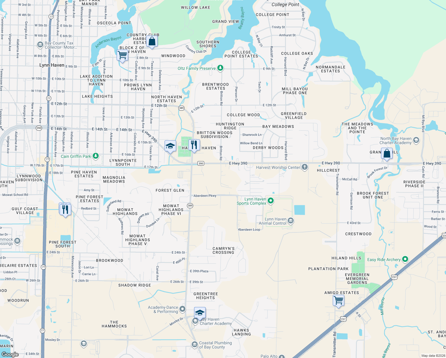 map of restaurants, bars, coffee shops, grocery stores, and more near 4600 Britton Road in Panama City