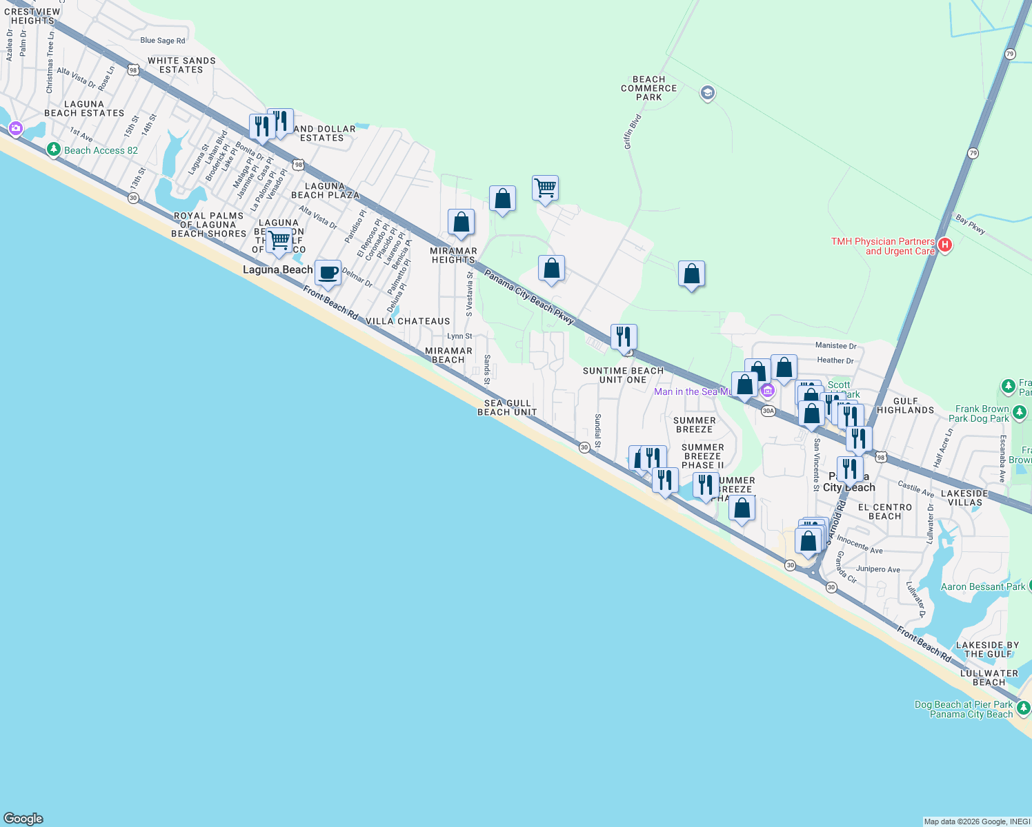 map of restaurants, bars, coffee shops, grocery stores, and more near 17657 Front Beach Road in Panama City Beach