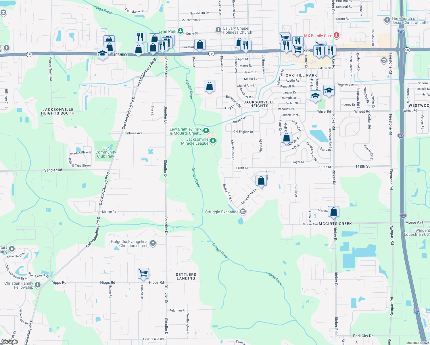 map of restaurants, bars, coffee shops, grocery stores, and more near 8366 Rocky Creek Dr in Jacksonville