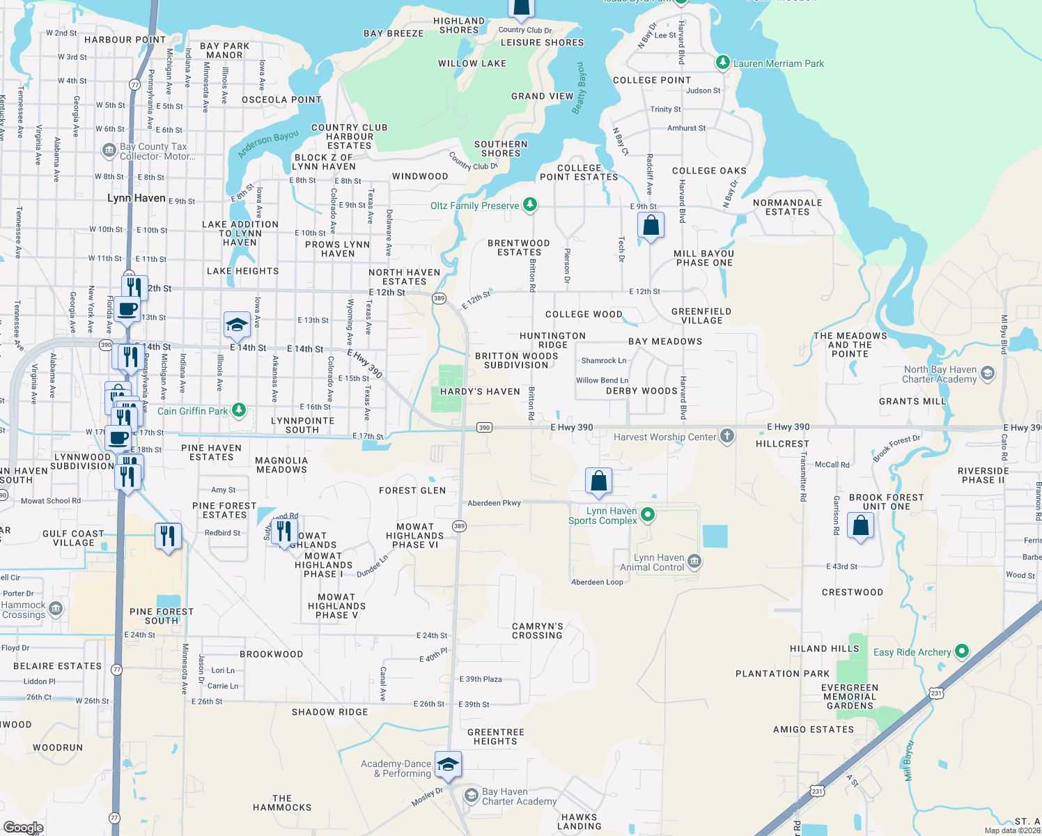 map of restaurants, bars, coffee shops, grocery stores, and more near 1618 Britton Rd in Lynn Haven