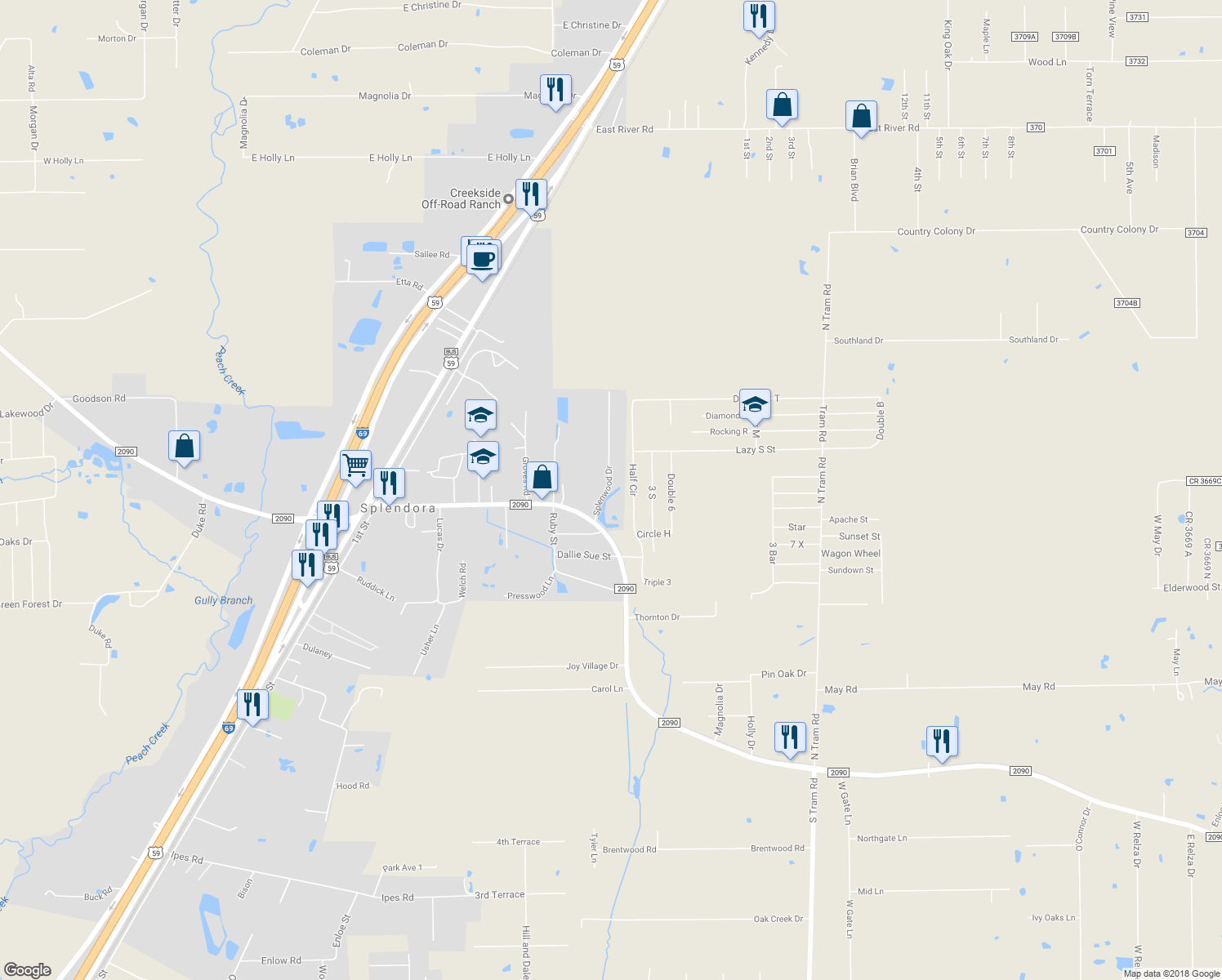 map of restaurants, bars, coffee shops, grocery stores, and more near 14459 Splenwood Drive in Splendora