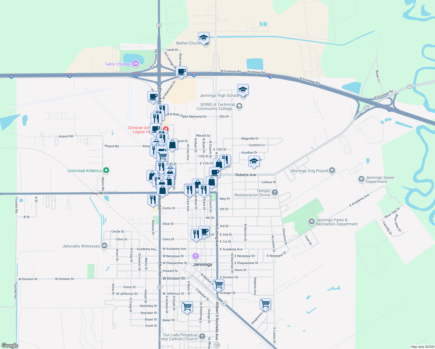 map of restaurants, bars, coffee shops, grocery stores, and more near 400 Roberts Avenue in Jennings