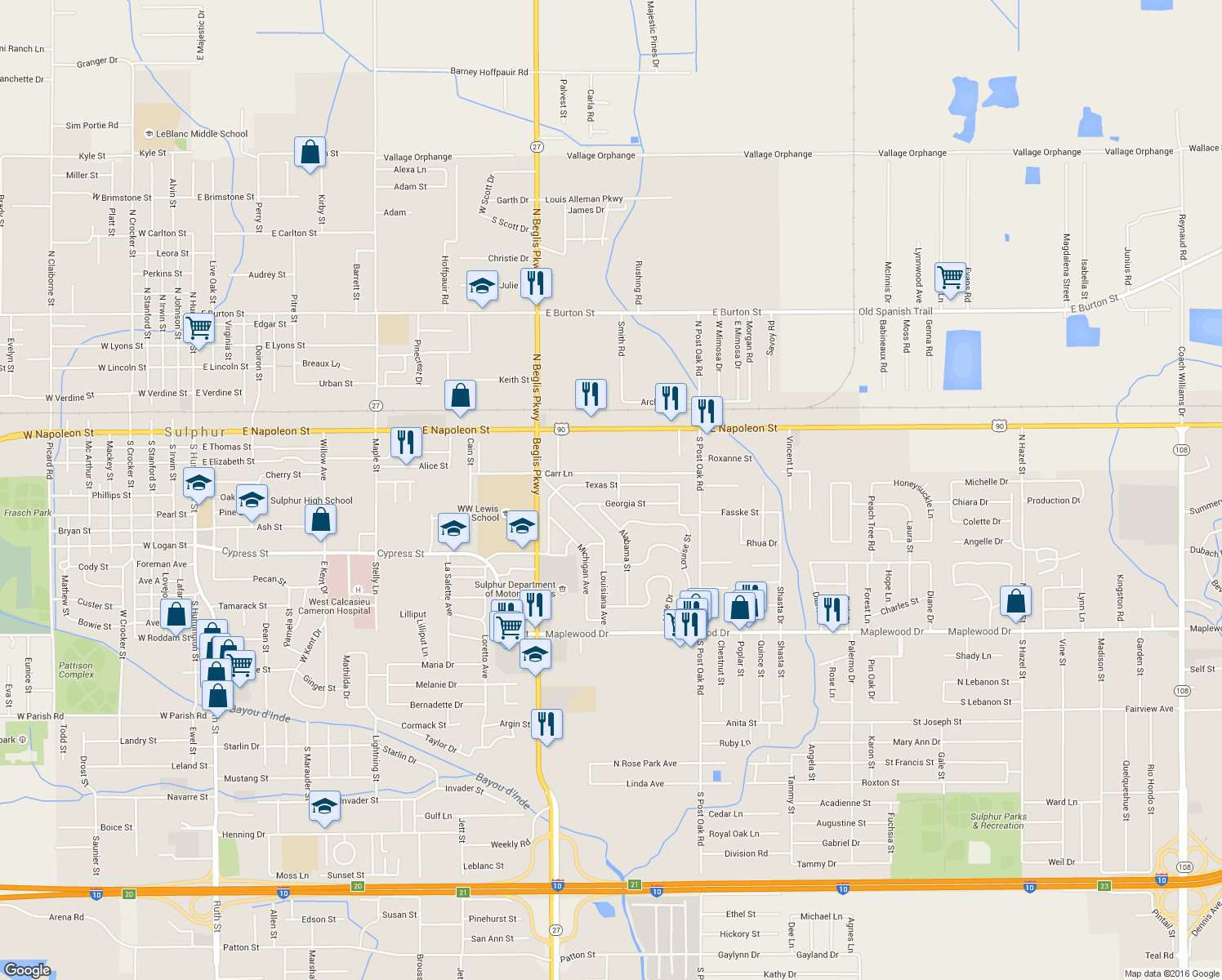 map of restaurants, bars, coffee shops, grocery stores, and more near 1122 Texas St in Sulphur