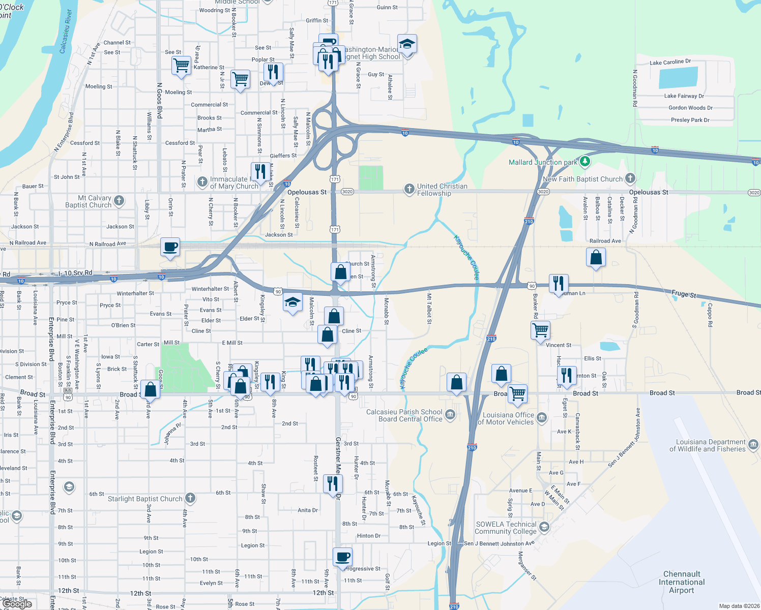 map of restaurants, bars, coffee shops, grocery stores, and more near 323 Mc Nabb St in Lake Charles