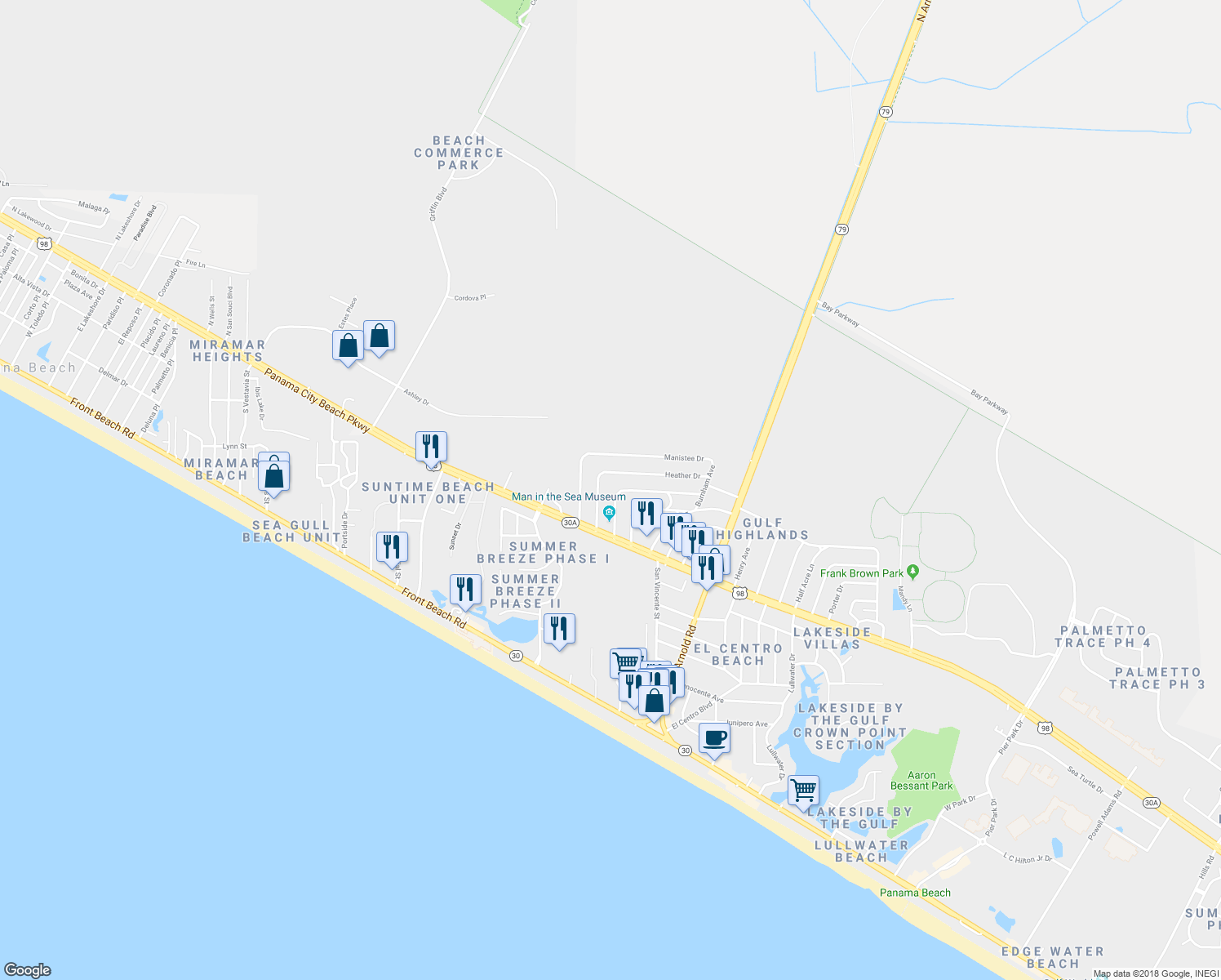 map of restaurants, bars, coffee shops, grocery stores, and more near 121 Coral Drive in Panama City Beach