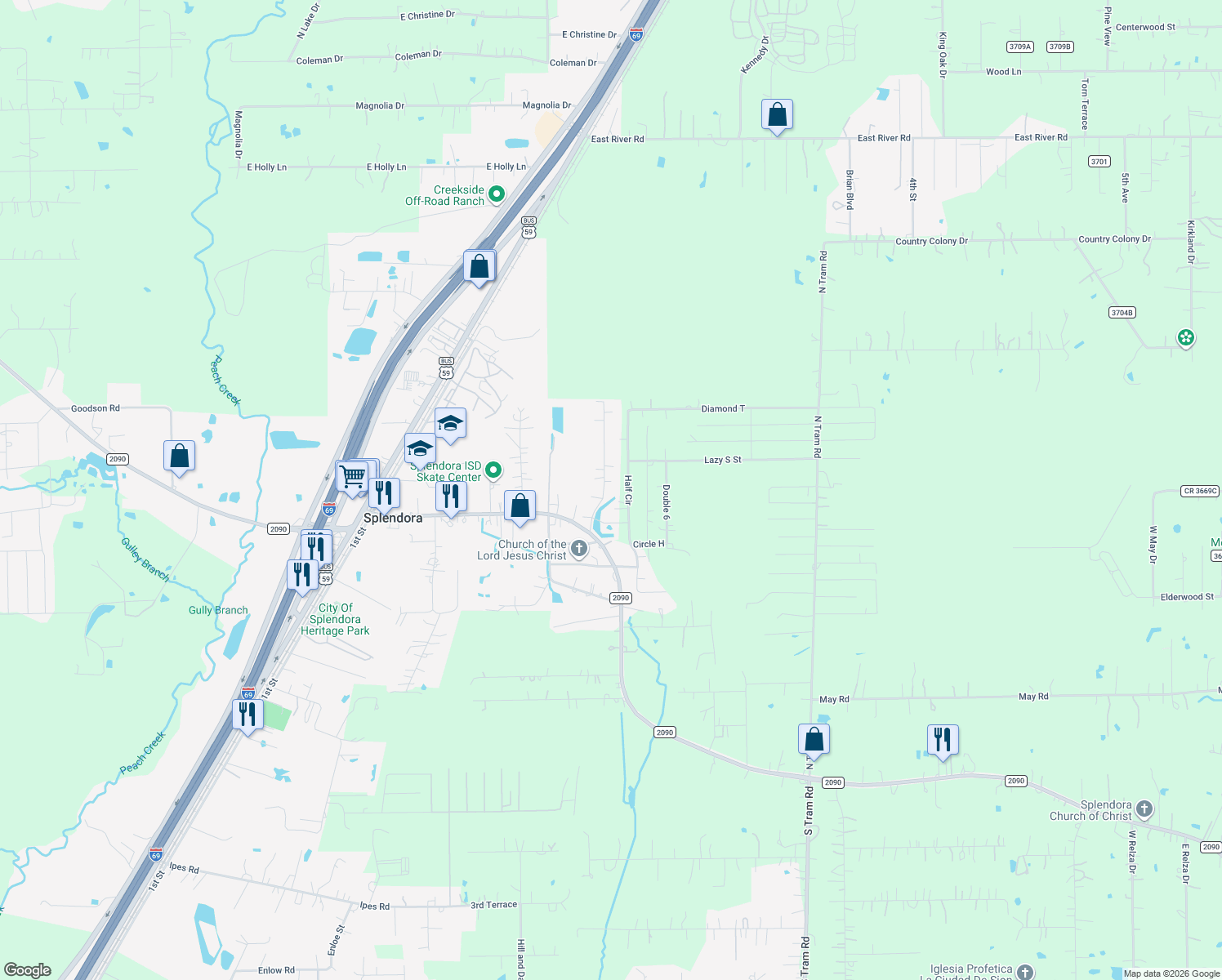 map of restaurants, bars, coffee shops, grocery stores, and more near 14461 Splenwood Dr in Splendora