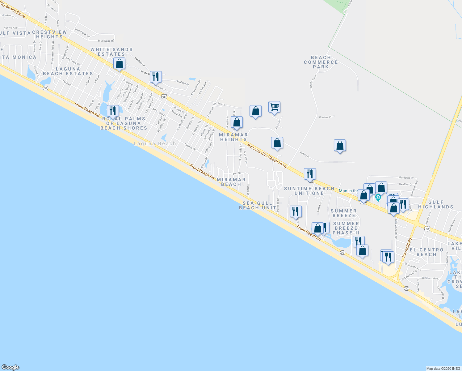map of restaurants, bars, coffee shops, grocery stores, and more near 17820 Front Beach Road in Panama City Beach