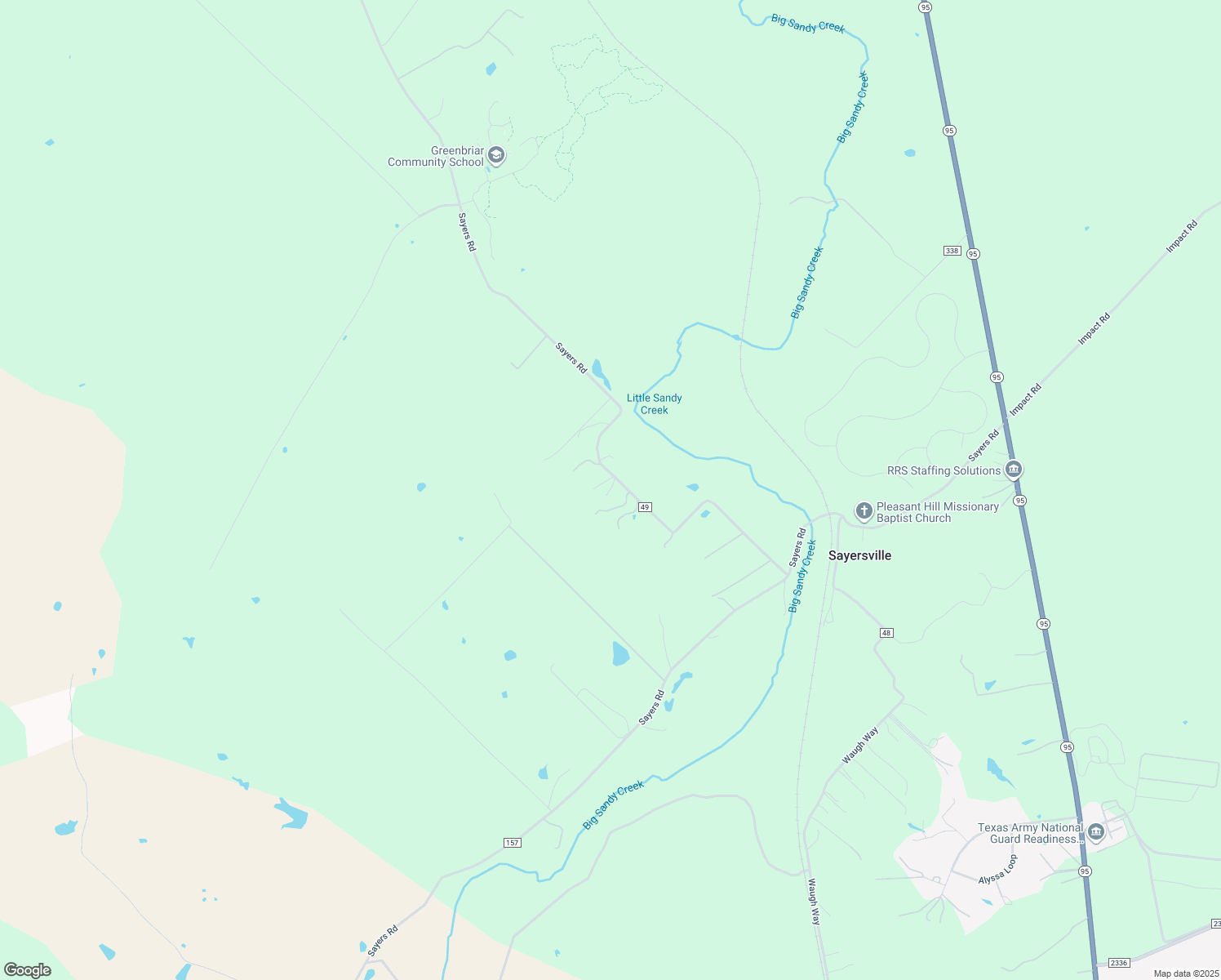 map of restaurants, bars, coffee shops, grocery stores, and more near 1636 Sayers Road in Bastrop