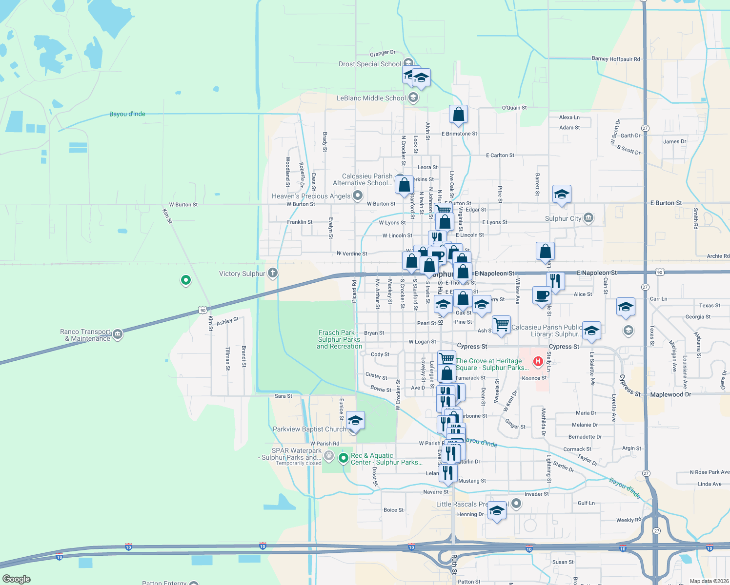 map of restaurants, bars, coffee shops, grocery stores, and more near 398 Mathew St in Sulphur