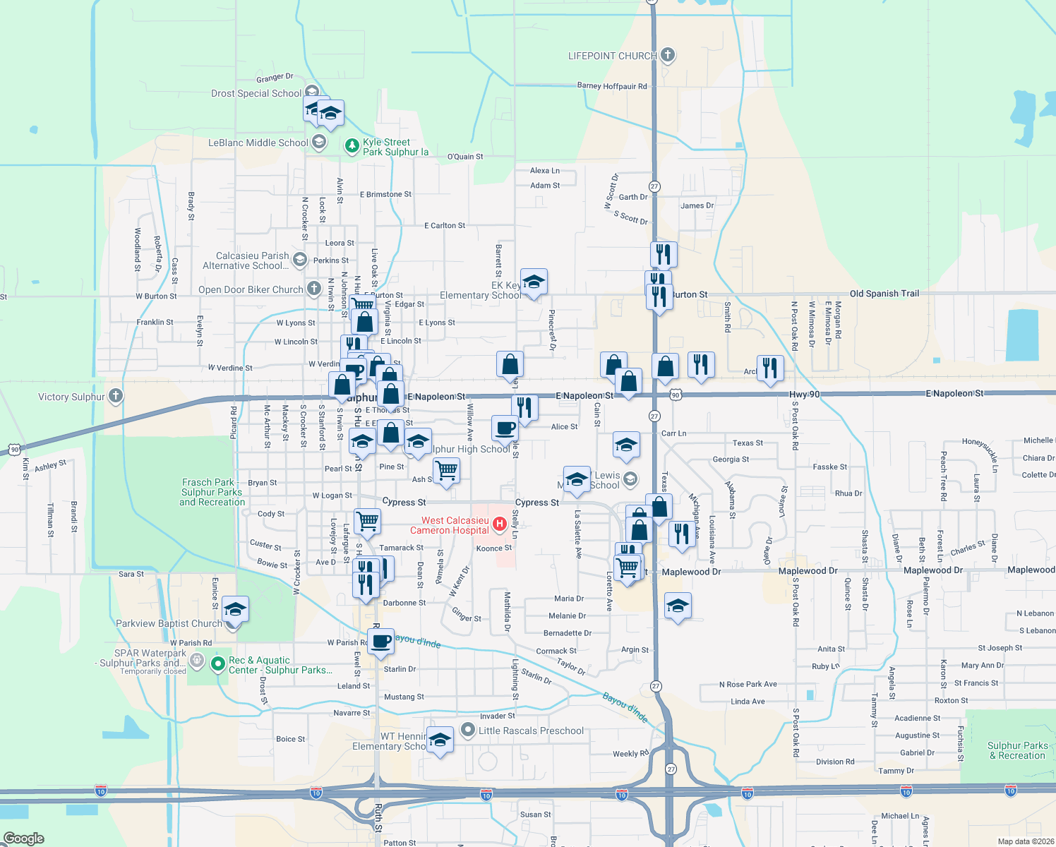 map of restaurants, bars, coffee shops, grocery stores, and more near 905 Elm St in Sulphur