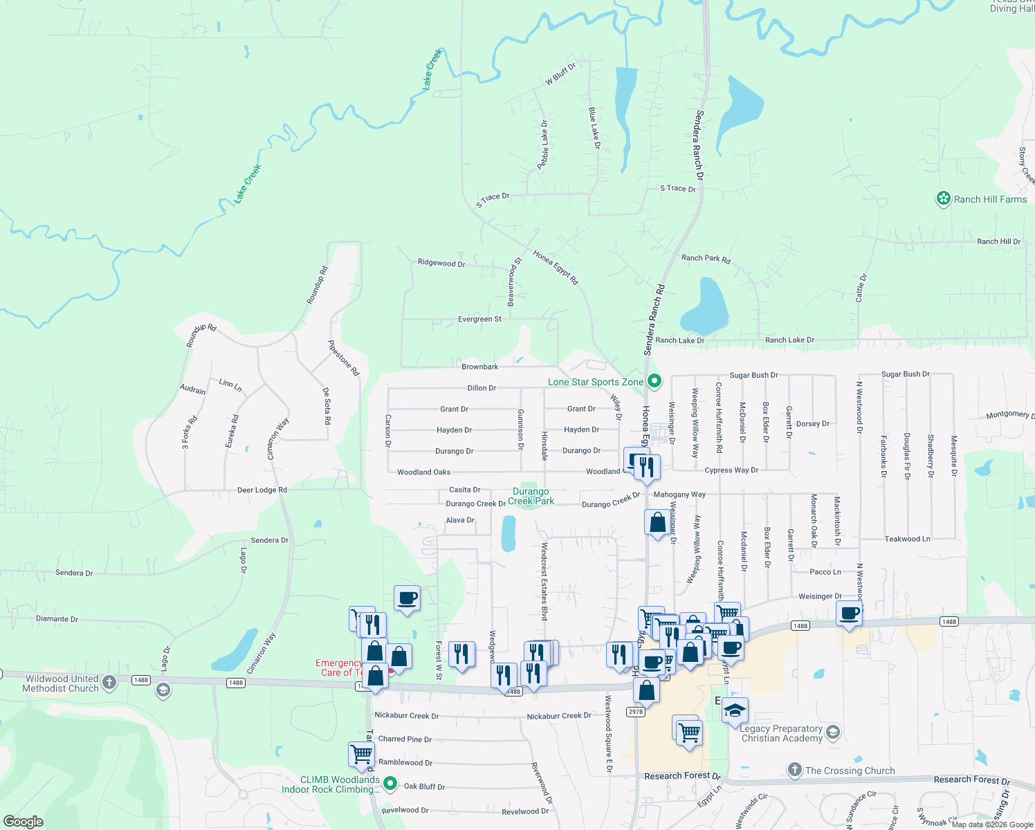 map of restaurants, bars, coffee shops, grocery stores, and more near 6703 Grant Drive in Magnolia